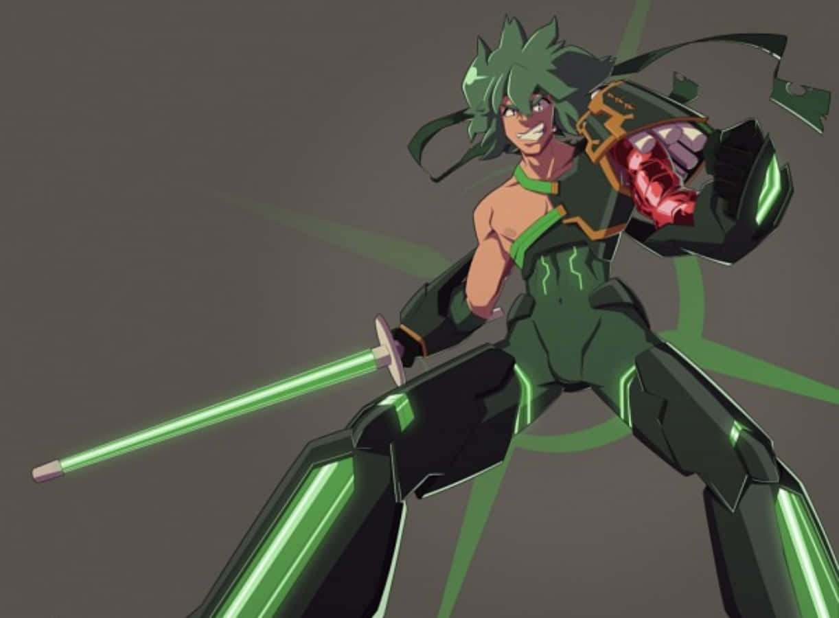 Uzu Sanageyama, green-haired anime warrior, glowing green armor, SD Desktop Wallpaper