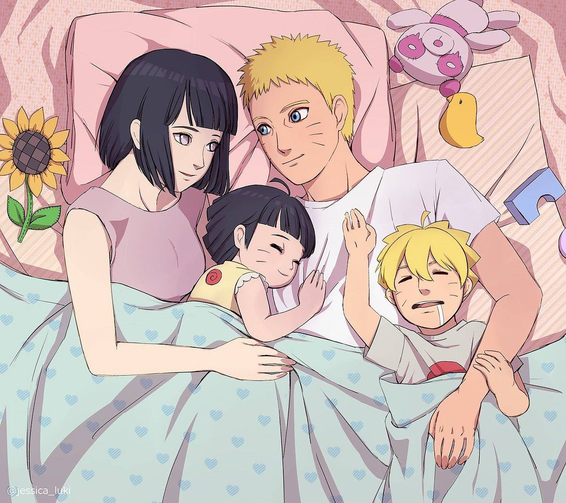 Uzumaki Clan, heart-patterned blanket, plush toys, Full HD Desktop Wallpaper