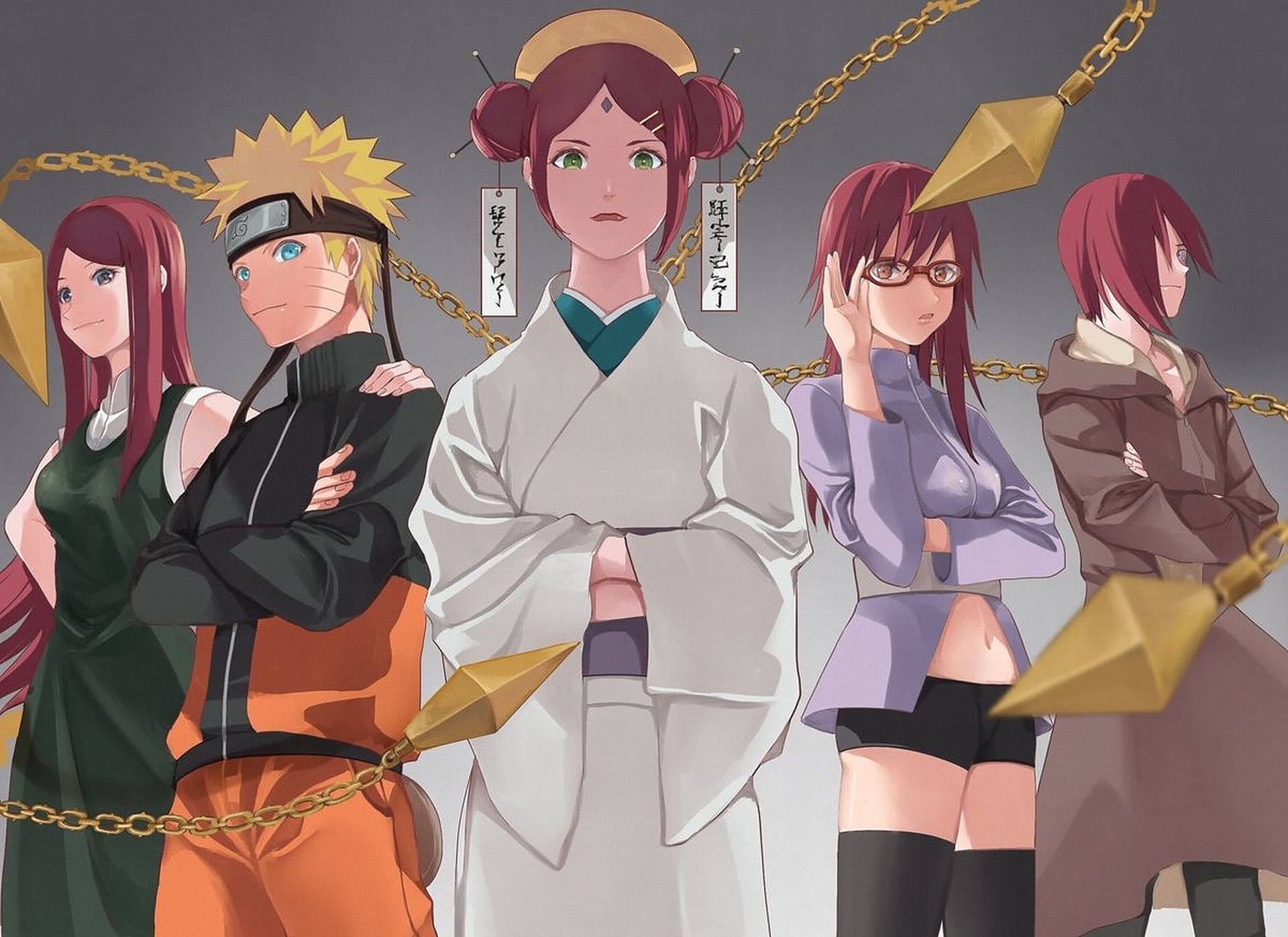 Uzumaki Clan, golden chains, kunai weapons, Full HD Desktop Wallpaper