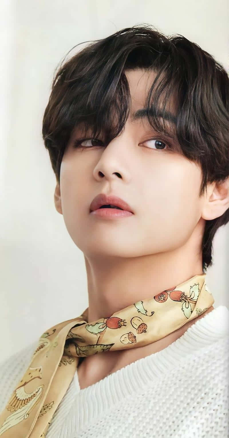 V Bts Phone, dark hair, patterned scarf, HD Phone Wallpaper