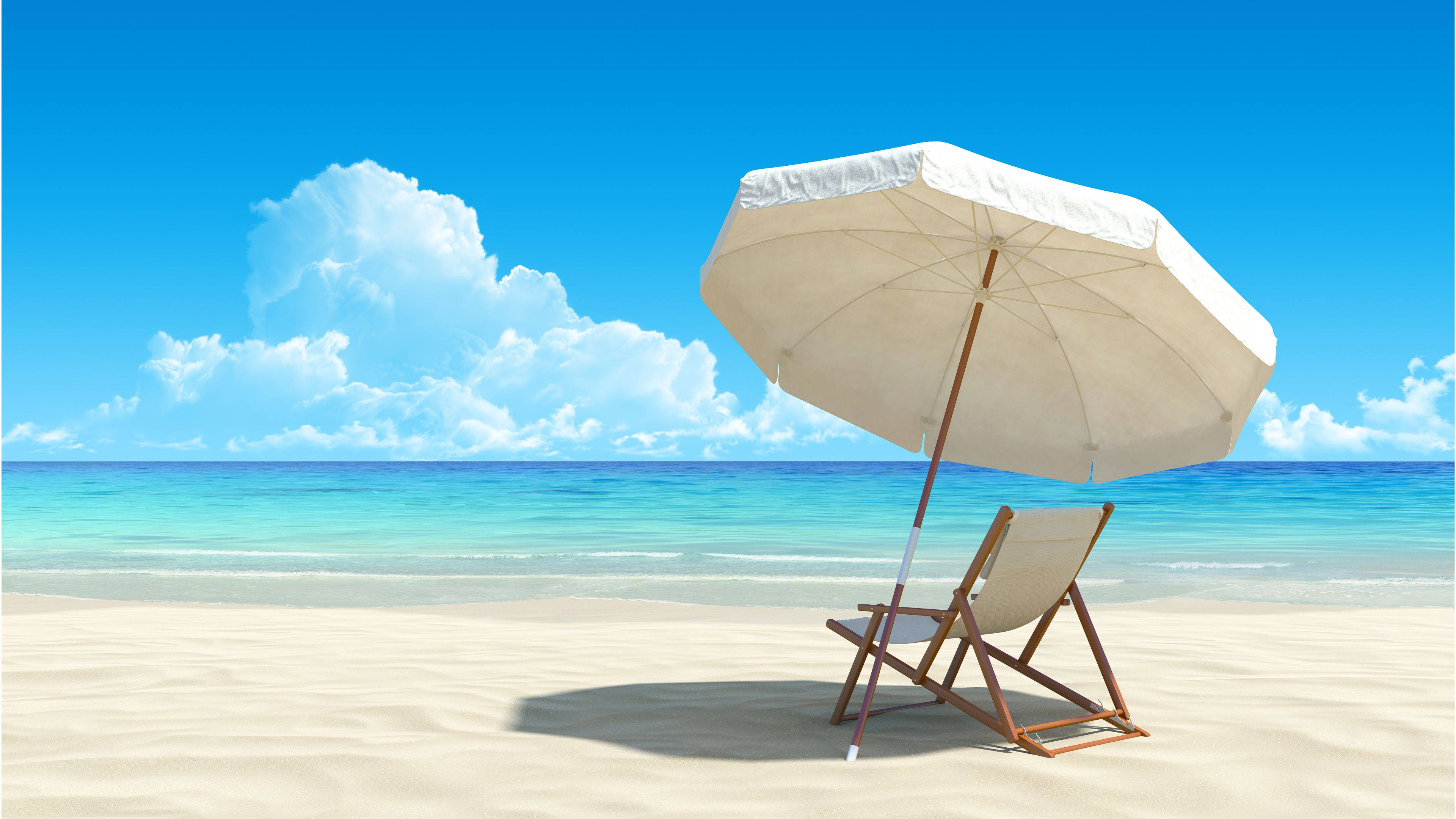 beach chair, umbrella, golden sand, 4K Desktop Wallpaper
