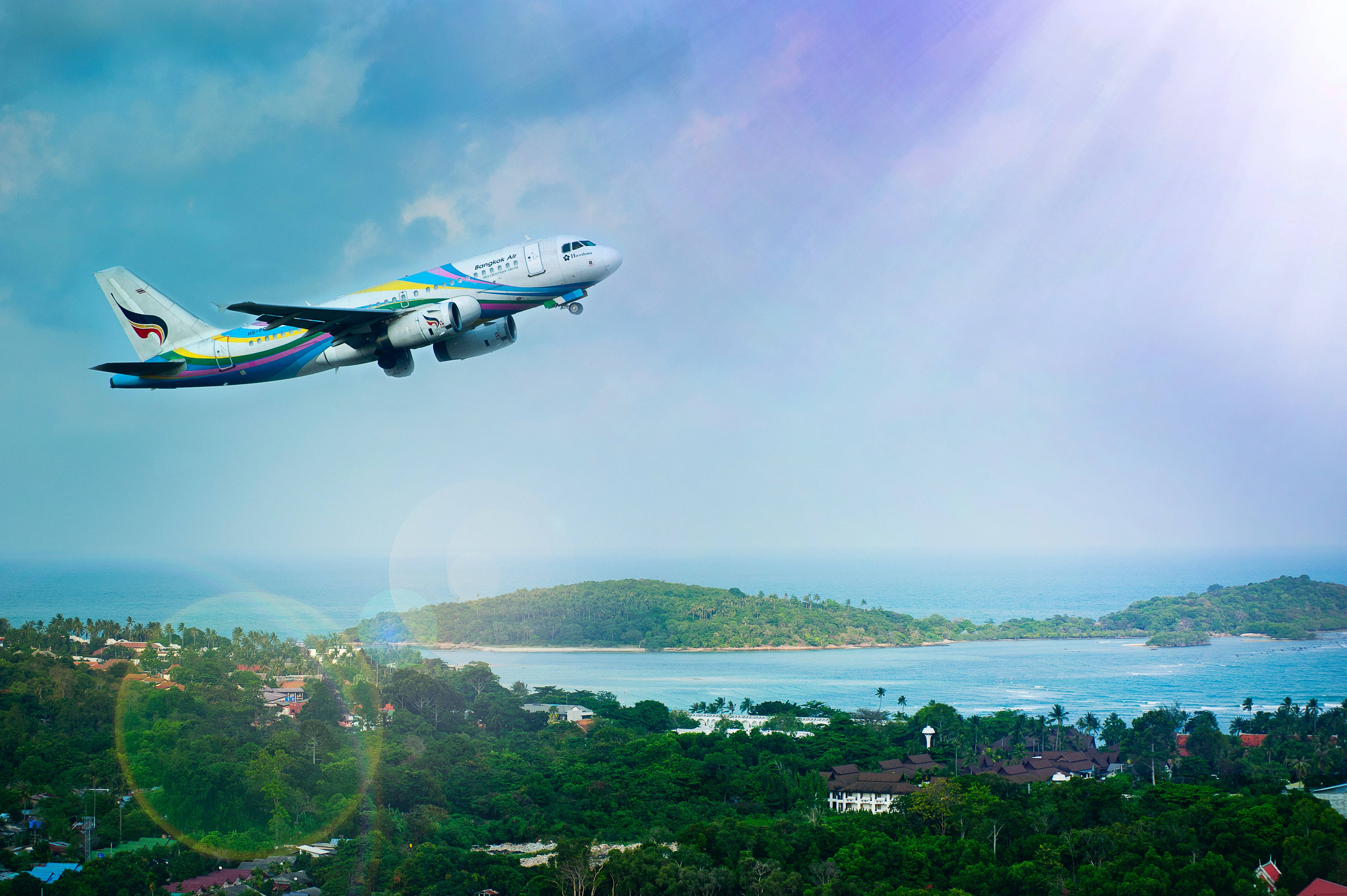 vacation airplane, tropical island, lush greenery, 4K Desktop Wallpaper