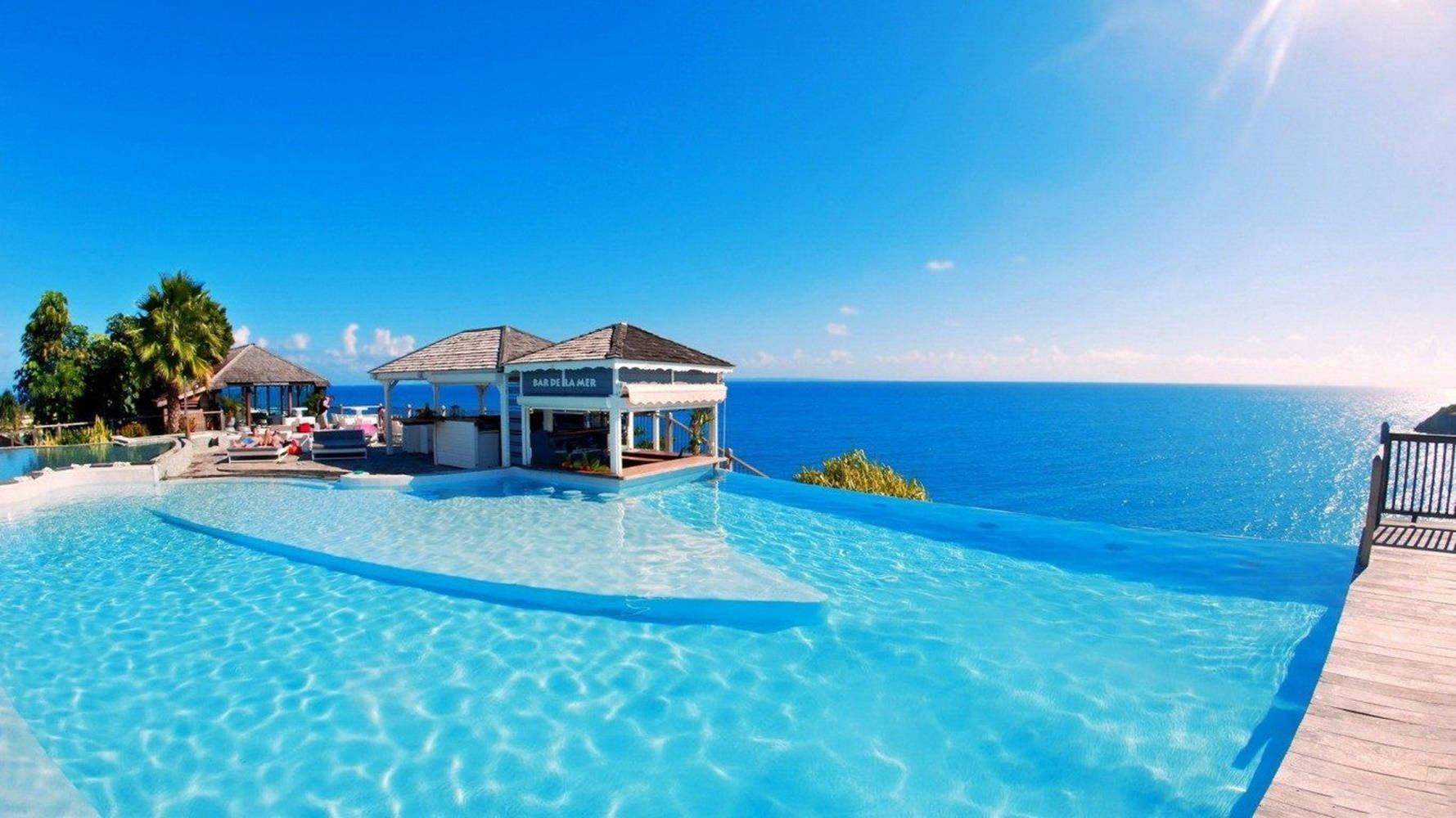 infinity pool, turquoise ocean, brilliant blue sky, HD Desktop Wallpaper