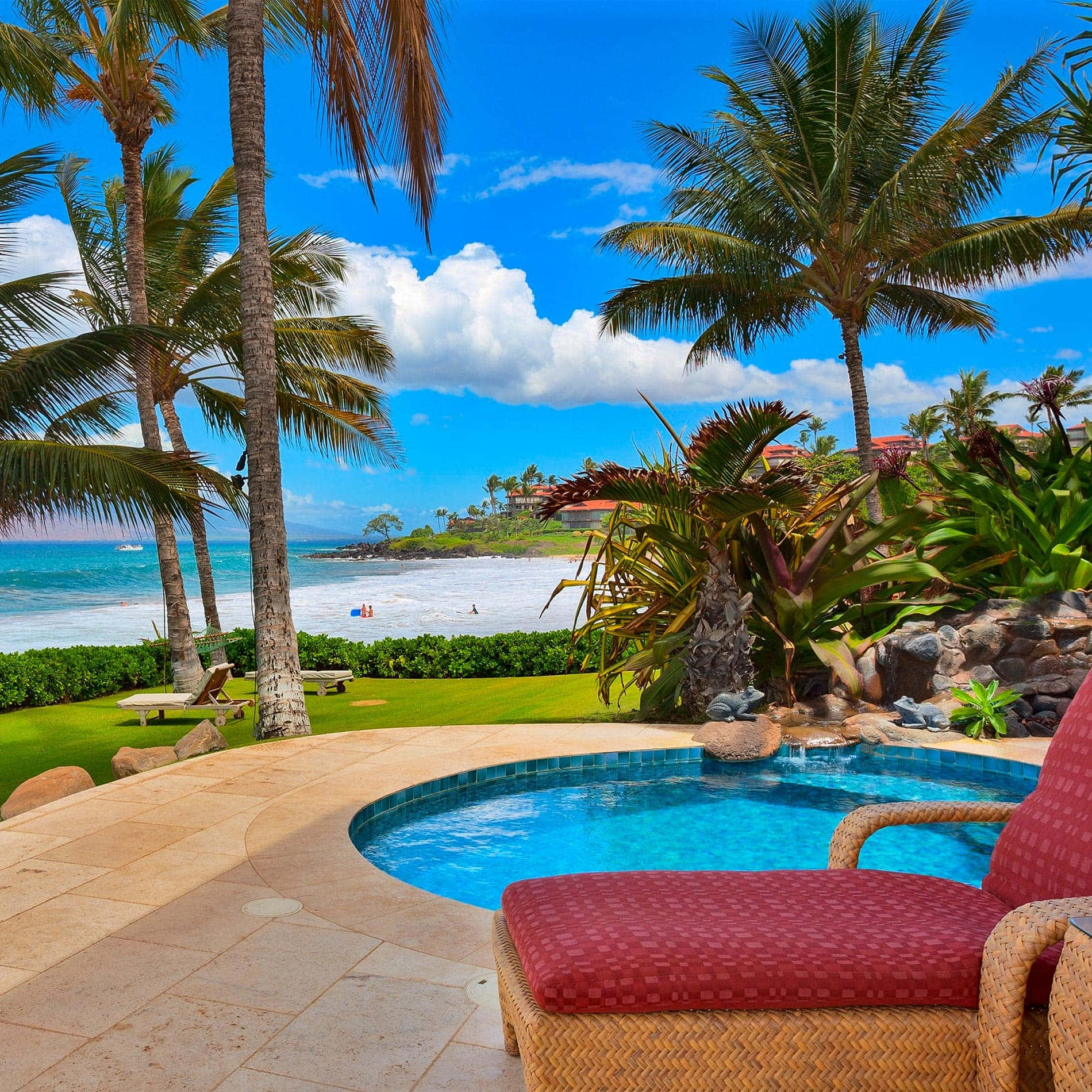 island resort, small pool, beach, HD Desktop Wallpaper