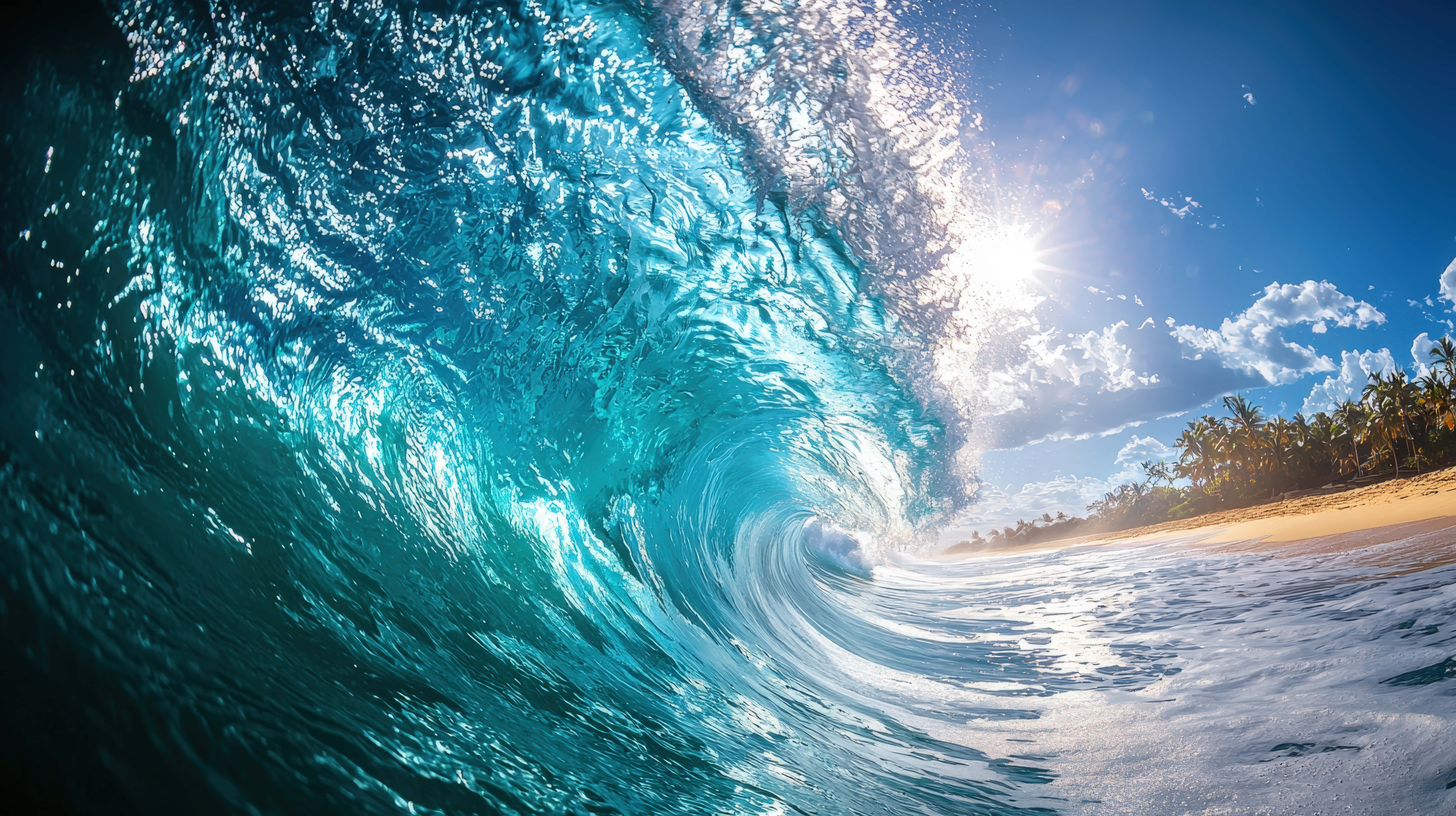 turquoise wave, sunlit spray, bright blue sky, 8K Desktop Wallpaper
