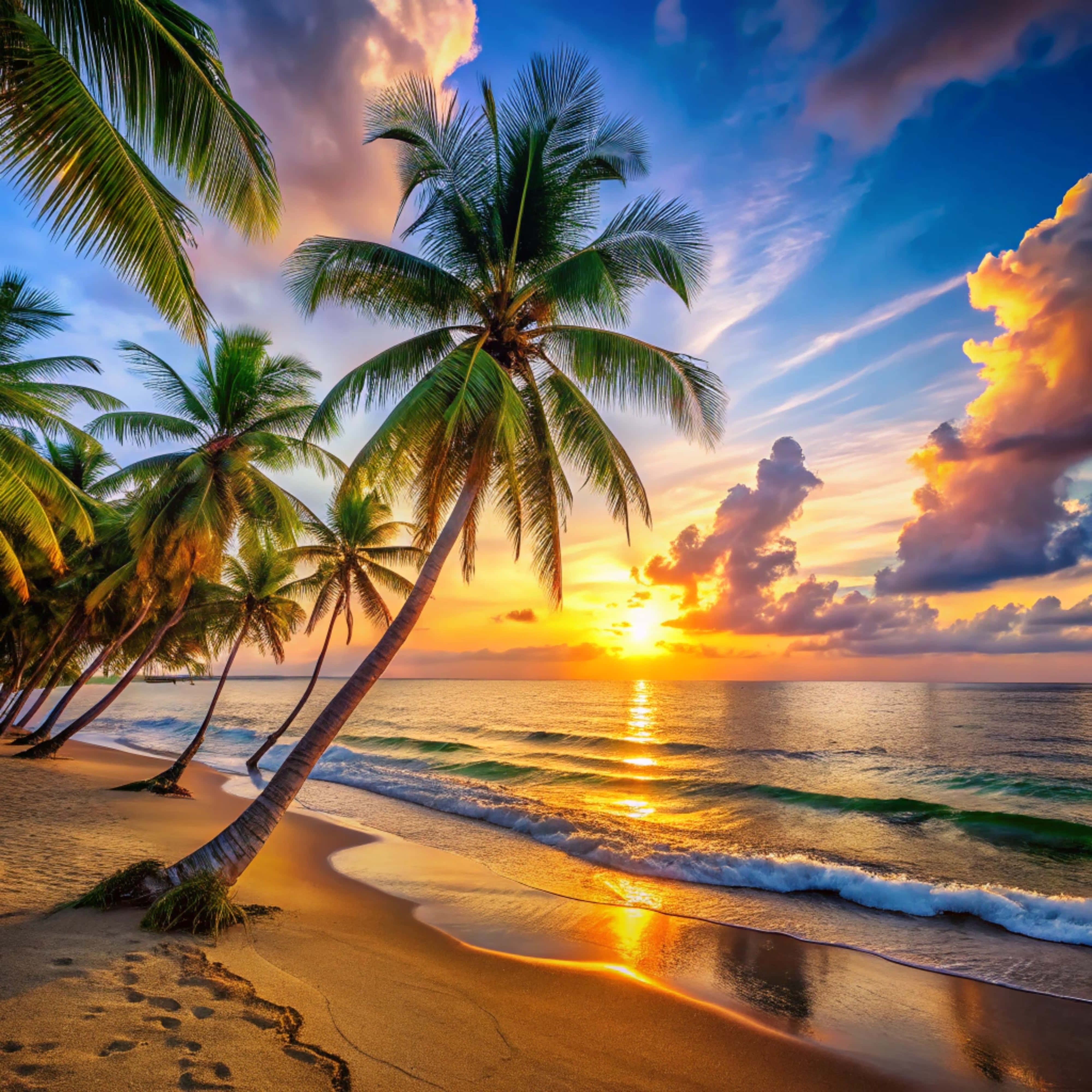 tropical beach, sunset, palm trees, 4K Desktop Wallpaper