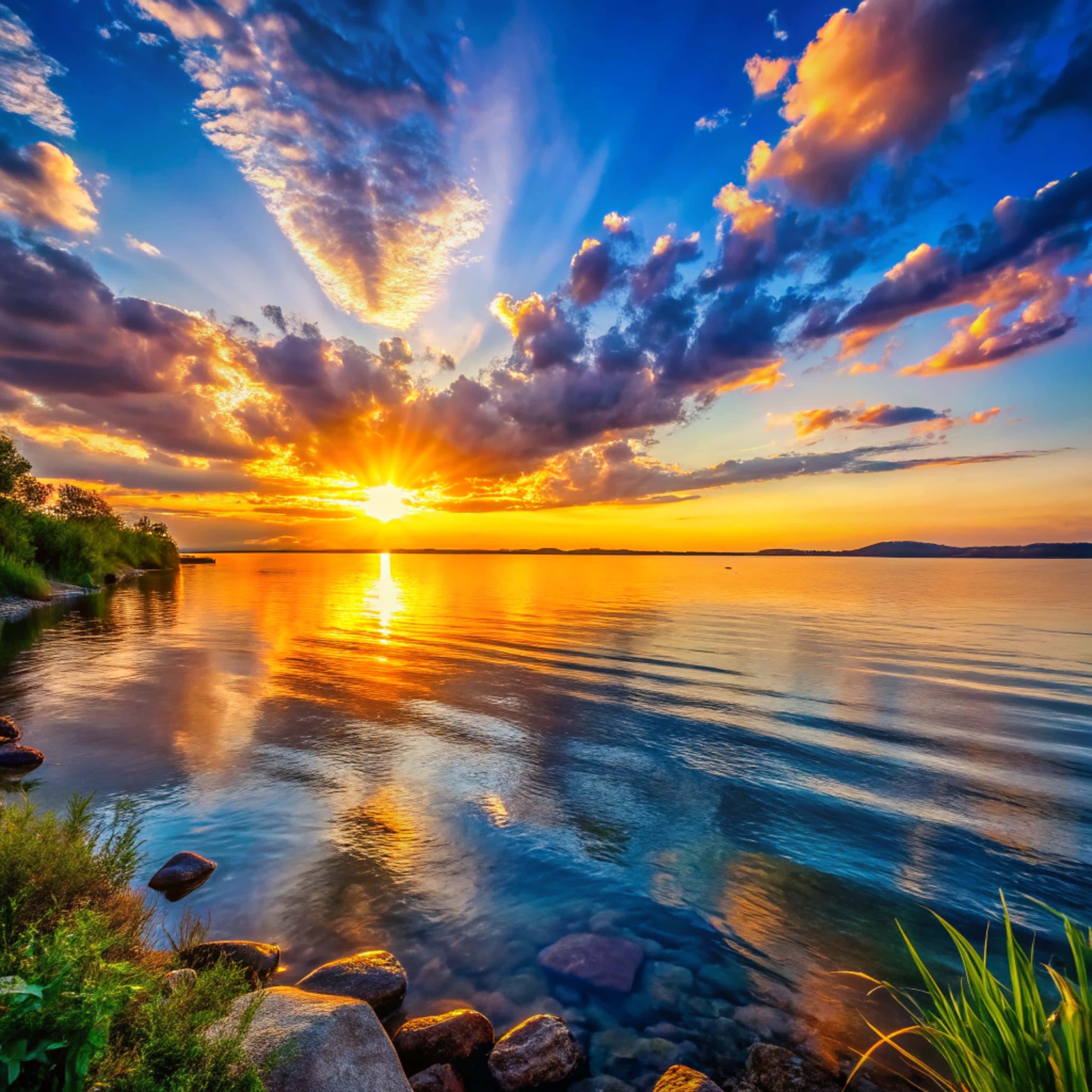 sunset, calm lake, golden rays, 4K Desktop Wallpaper