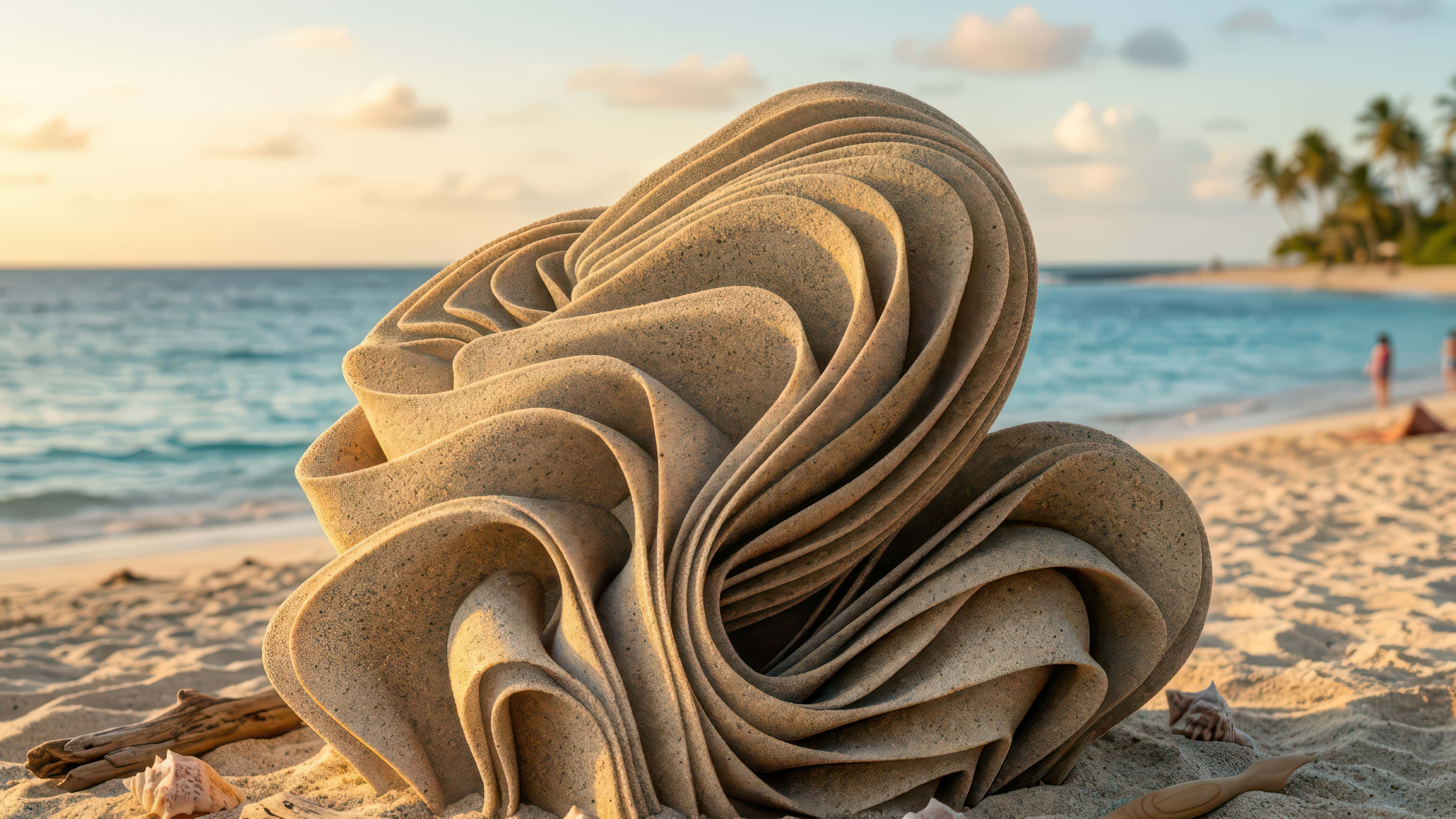 sand sculpture, swirling ribbons, tropical beach, 4K Desktop Wallpaper