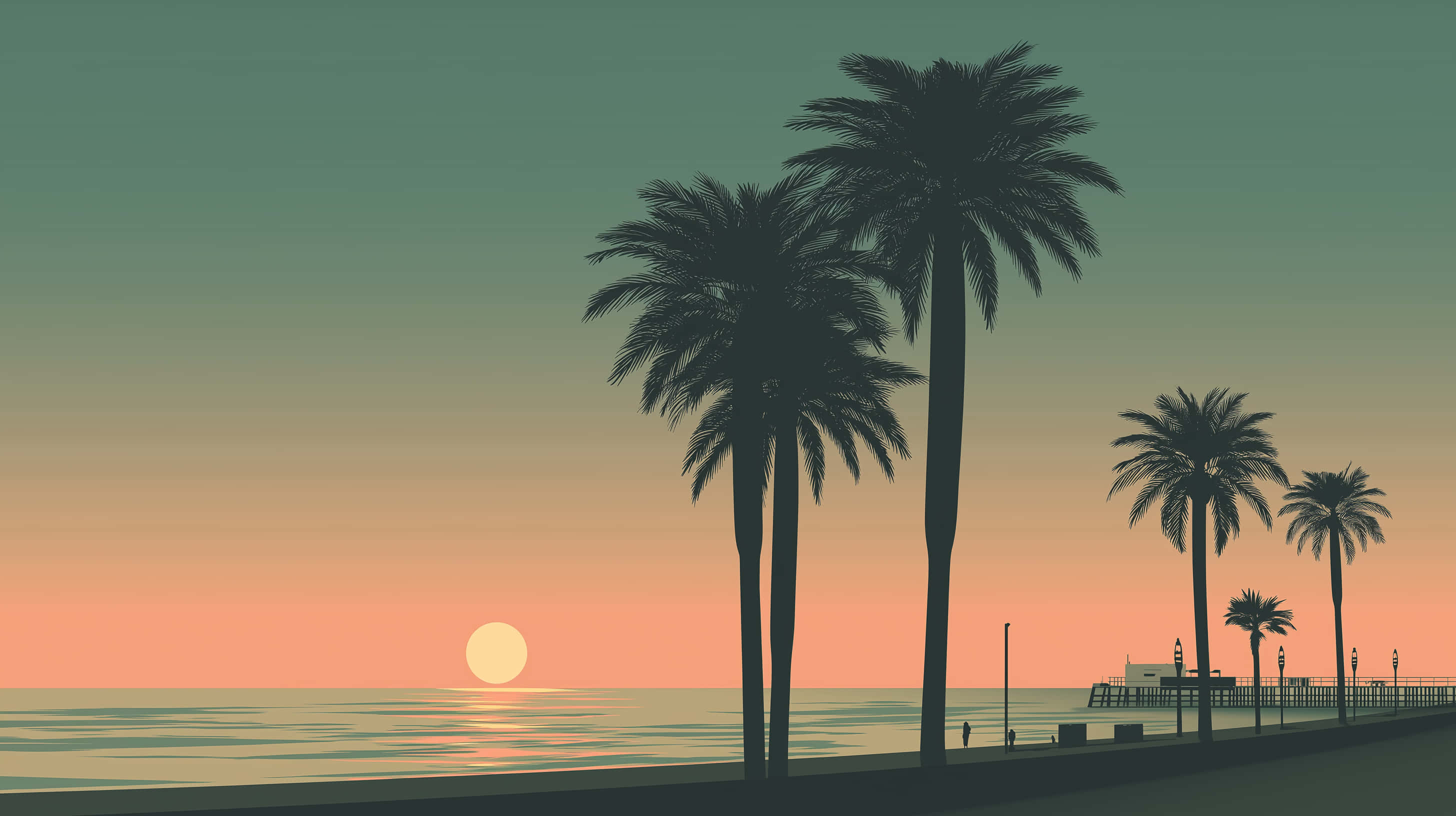 retro sunset beach landscape, palm trees, ocean horizon, 2K Desktop Wallpaper
