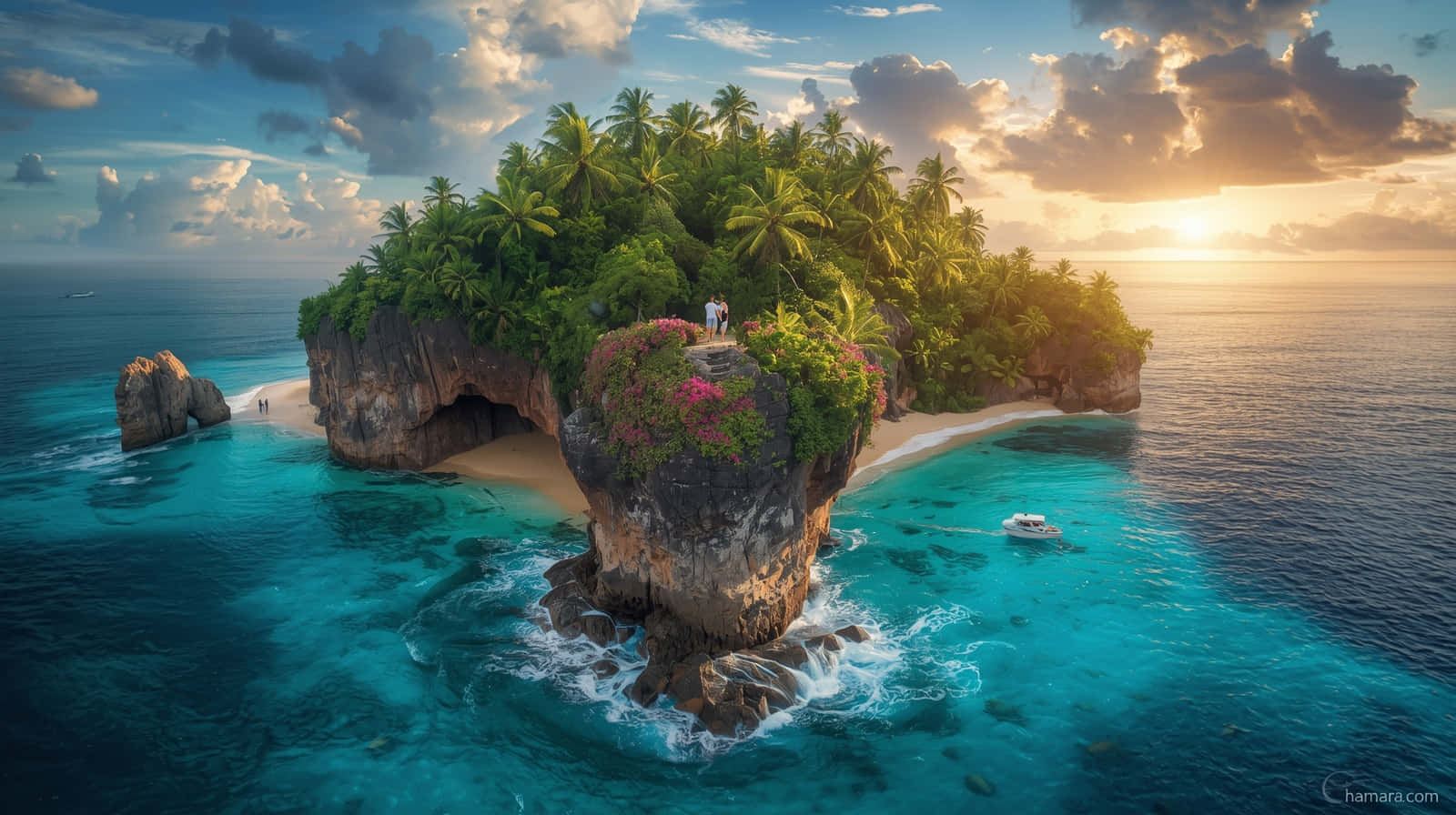 tropical rock arch island, sunset, turquoise waters, HD Desktop Wallpaper