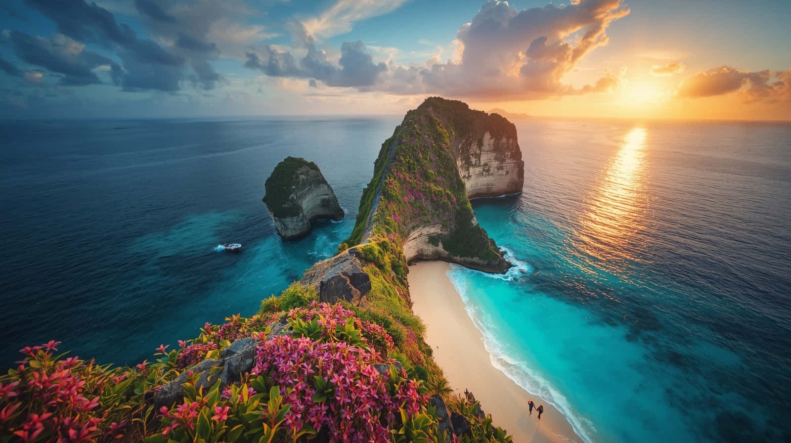 tropical island, turquoise waters, pink flowers, HD Desktop Wallpaper