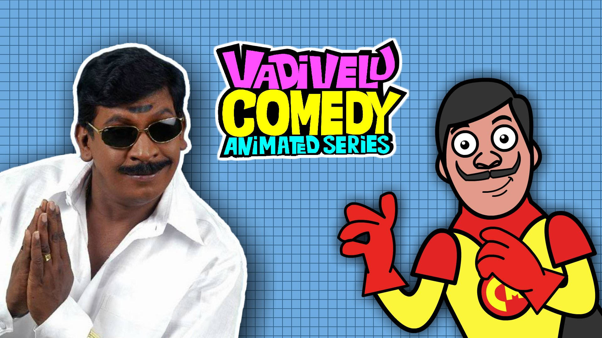Vadivelu, animated comedy series, blue grid background, Full HD Desktop Wallpaper