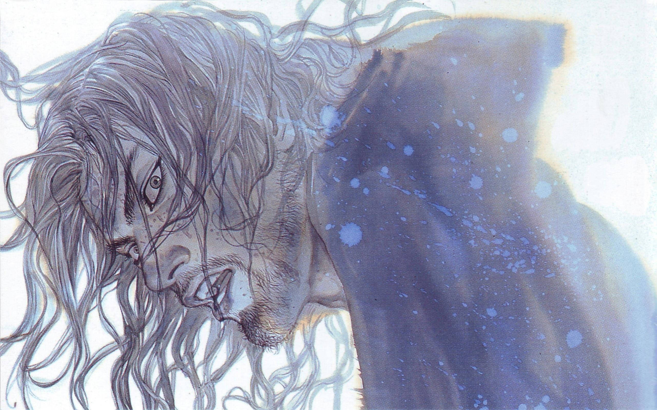 Vagabond, angry, glowing blue background, 2K Desktop Wallpaper