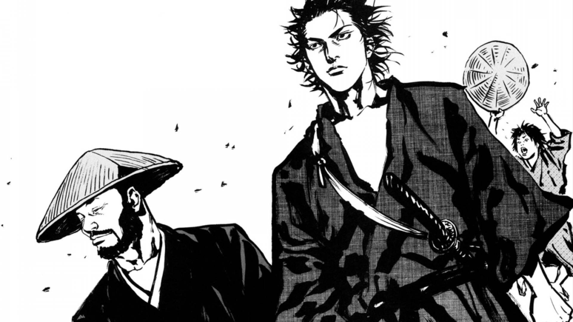 Vagabond Characters, samurai warriors, black and white manga style, Full HD Desktop Wallpaper
