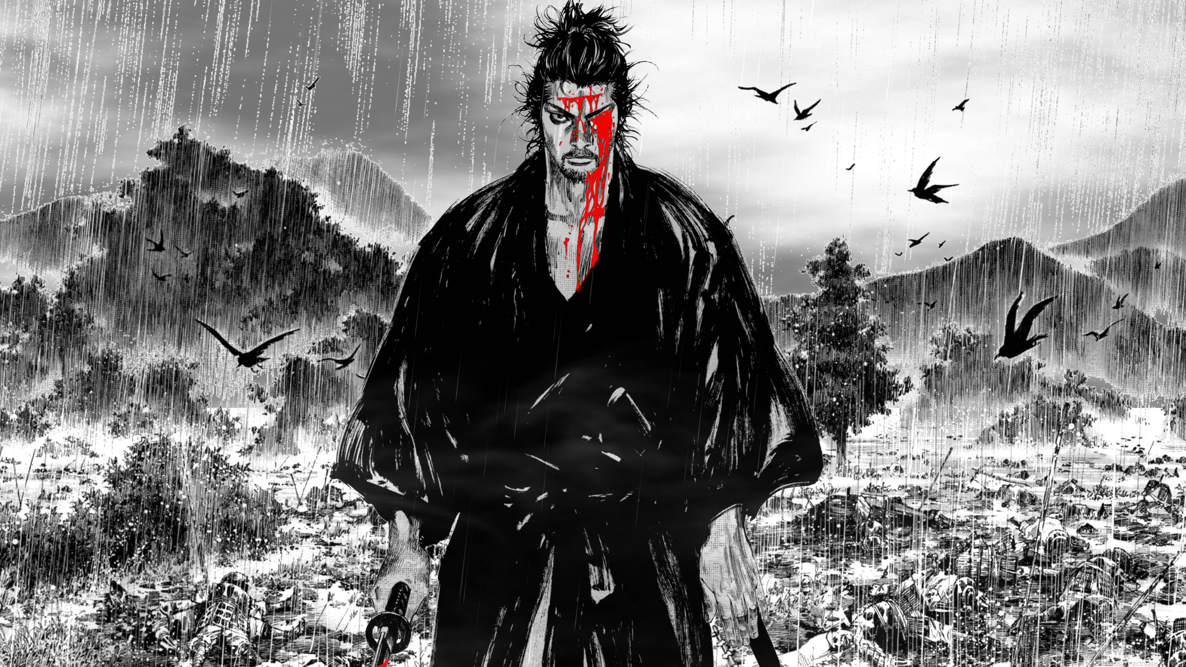 Vagabond, samurai warrior, bloodied face, 4K Desktop Wallpaper