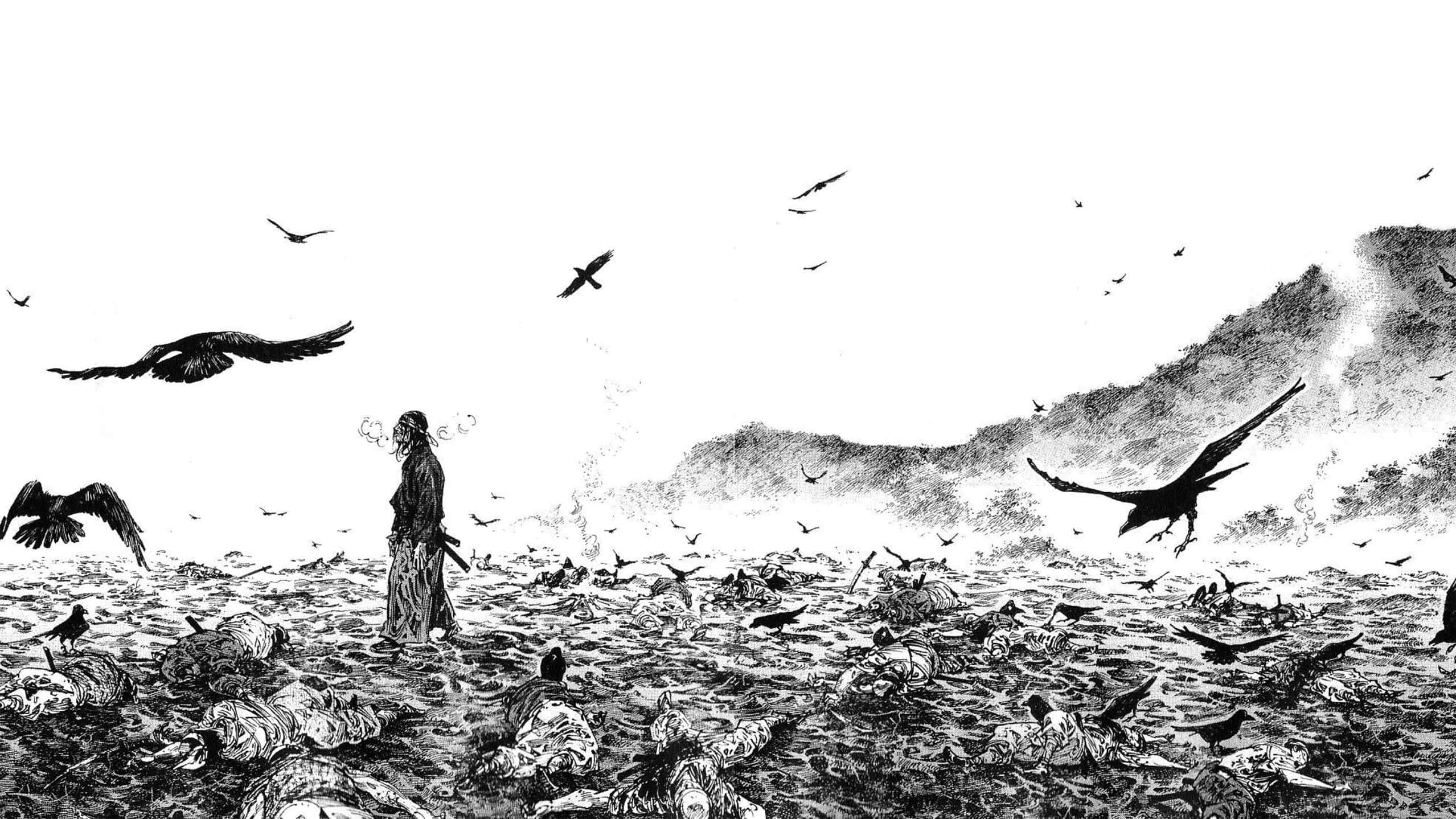 Vagabond Manga, battlefield aftermath, lone figure, Full HD Desktop Wallpaper