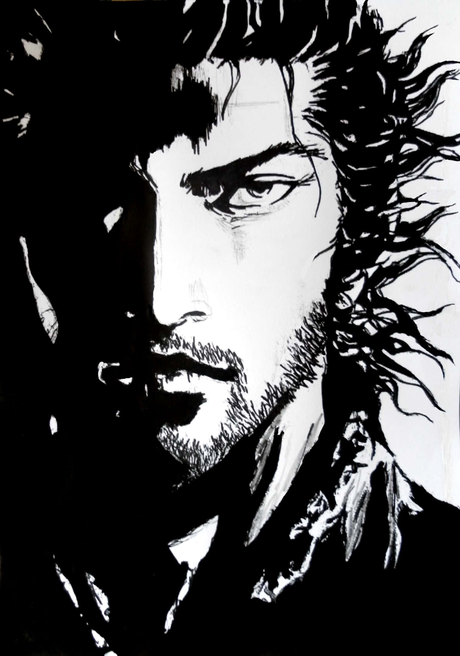 Vagabond Manga, character portrait, black and white ink drawing, Full HD Phone Wallpaper