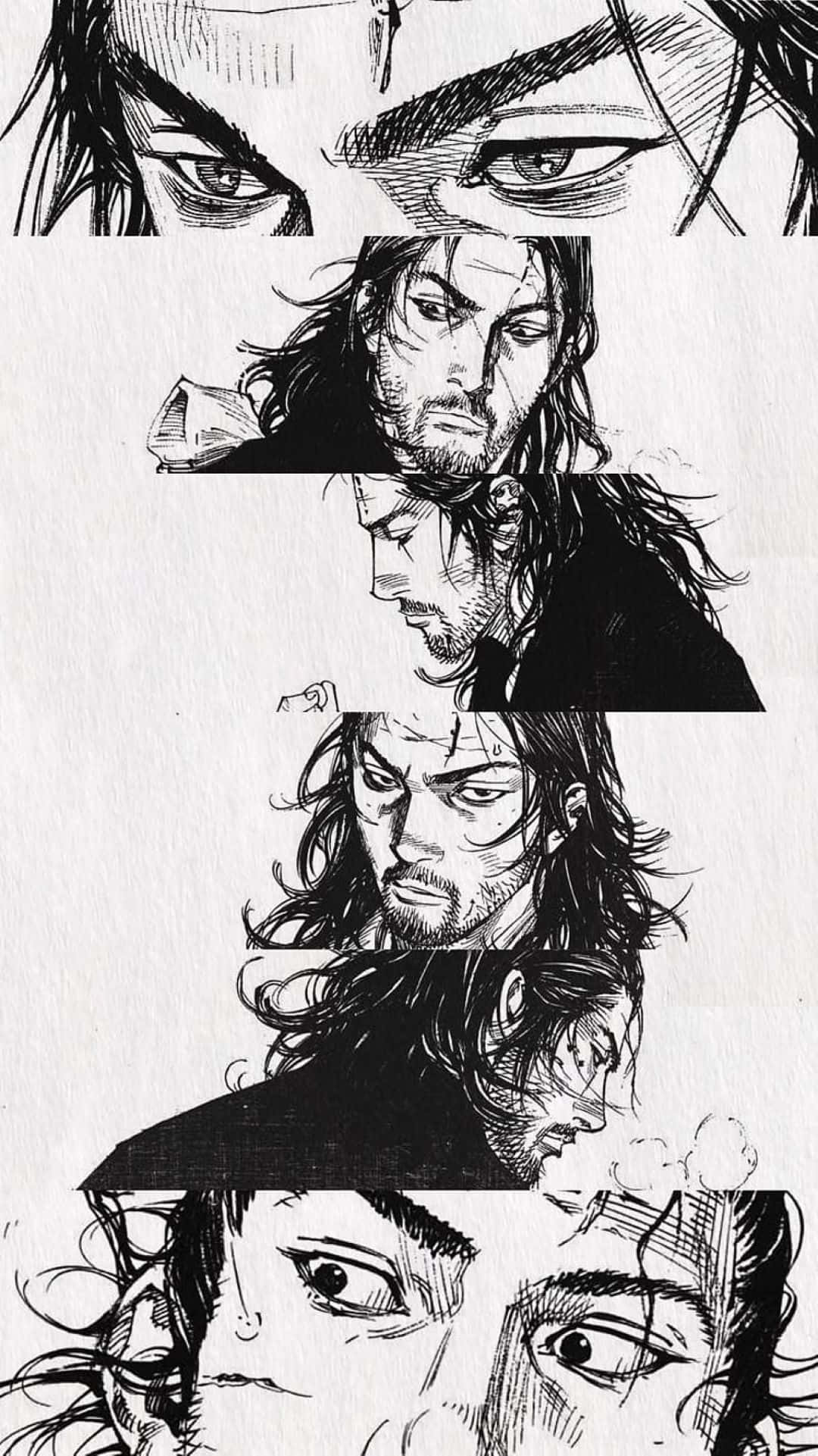 Vagabond Manga, black and white ink sketches, man's face, Full HD Phone Wallpaper