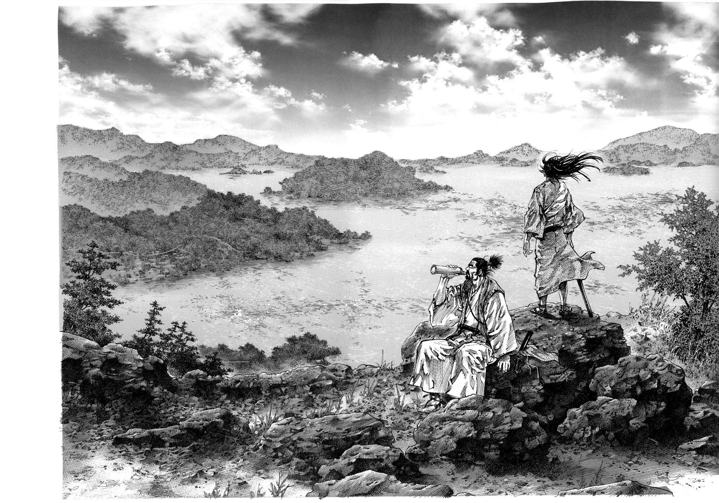 Vagabond View, traditional robes, rocky cliff, Full HD Desktop Wallpaper