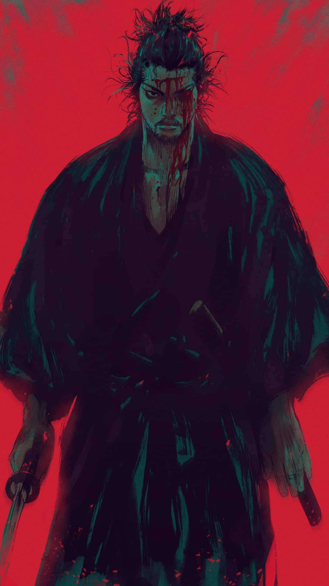 Vagabond Manga Warrior, red backdrop, bloodied samurai, Full HD Phone Wallpaper
