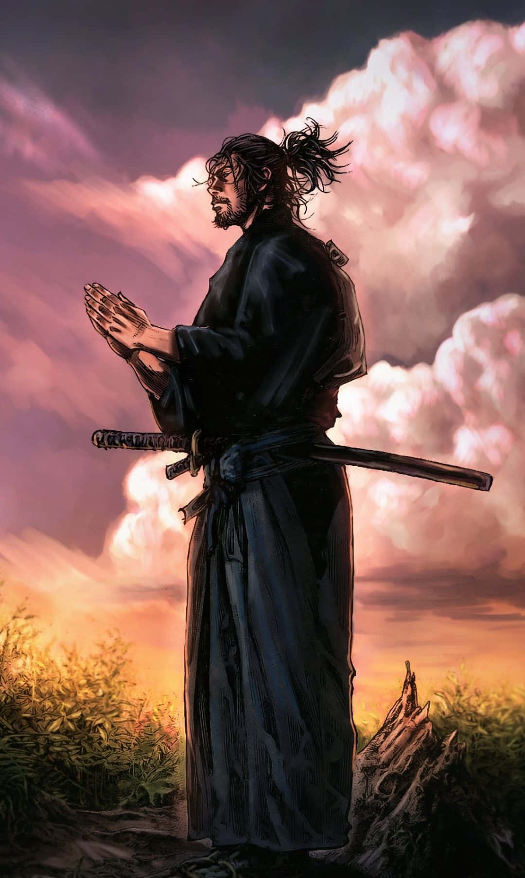 samurai warrior, dark robes, pink and orange sunset sky, HD Phone Wallpaper