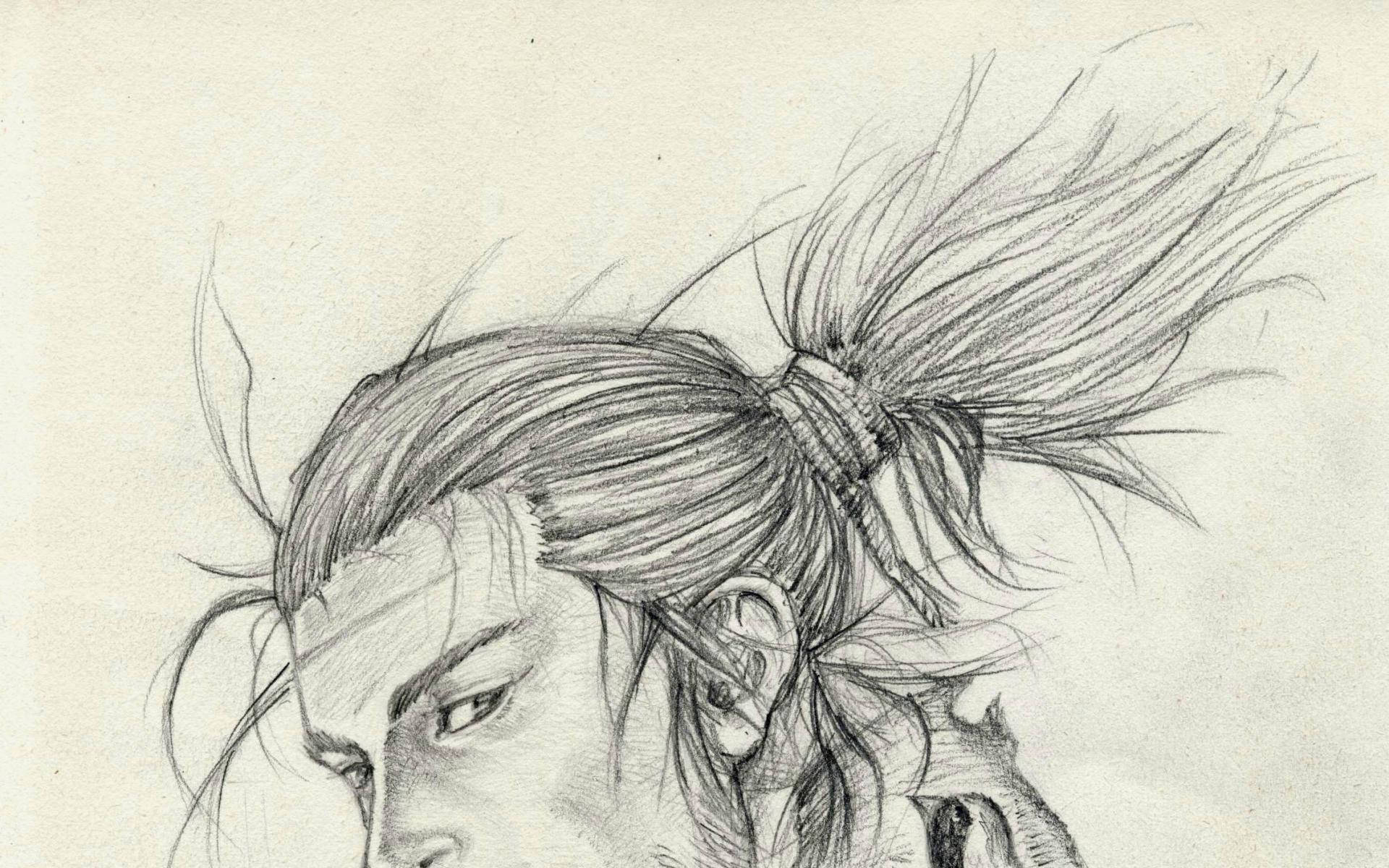 Vagabond, pencil sketch, head, Full HD Desktop Wallpaper