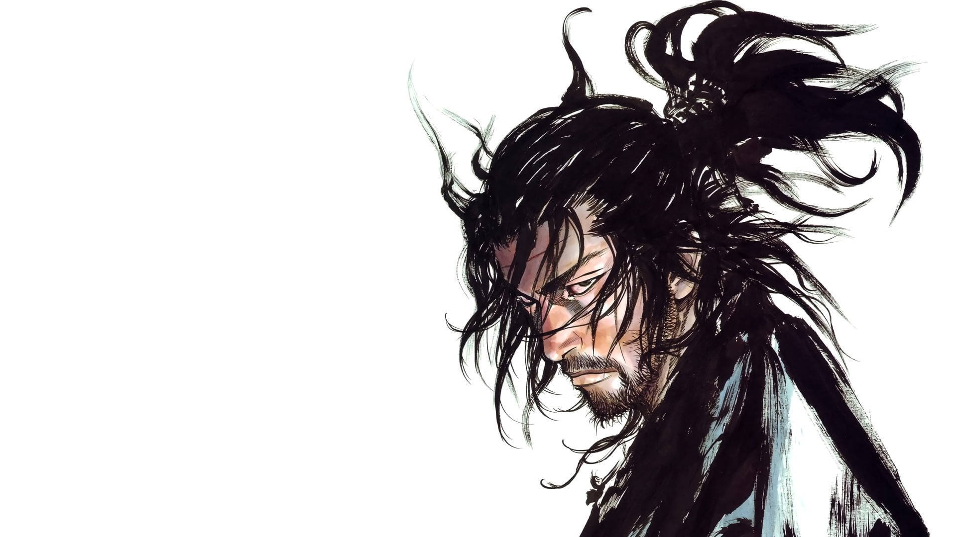 Vagabond, wild black hair, intense gaze, Full HD Desktop Wallpaper
