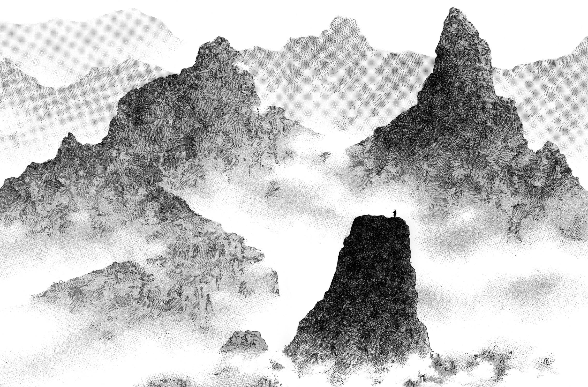 Vagabond Mountains, jagged mountain peak, misty valley, Full HD Desktop Wallpaper