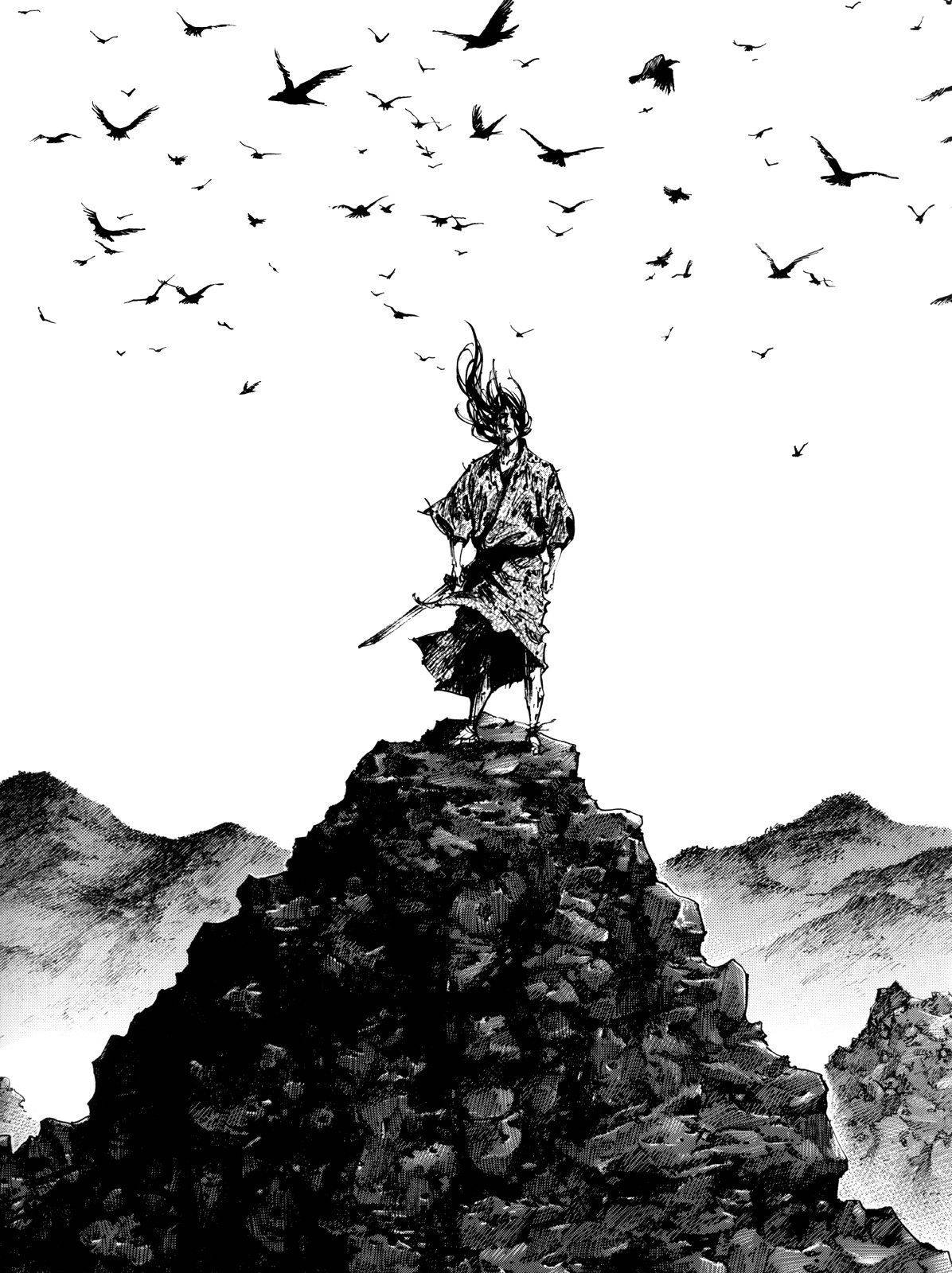 Vagabond, crows flying, jagged mountain peak, HD Phone Wallpaper