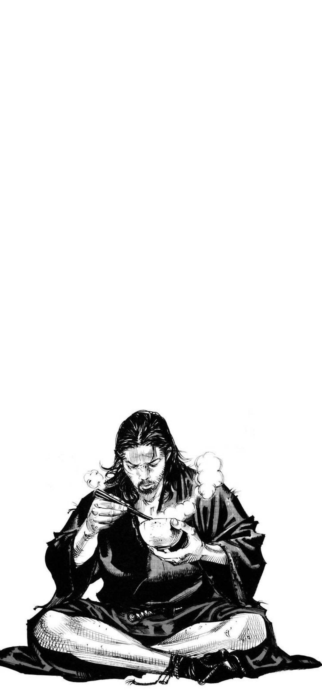 Vagabond, black and white ink illustration, man in traditional robes, Full HD Phone Wallpaper