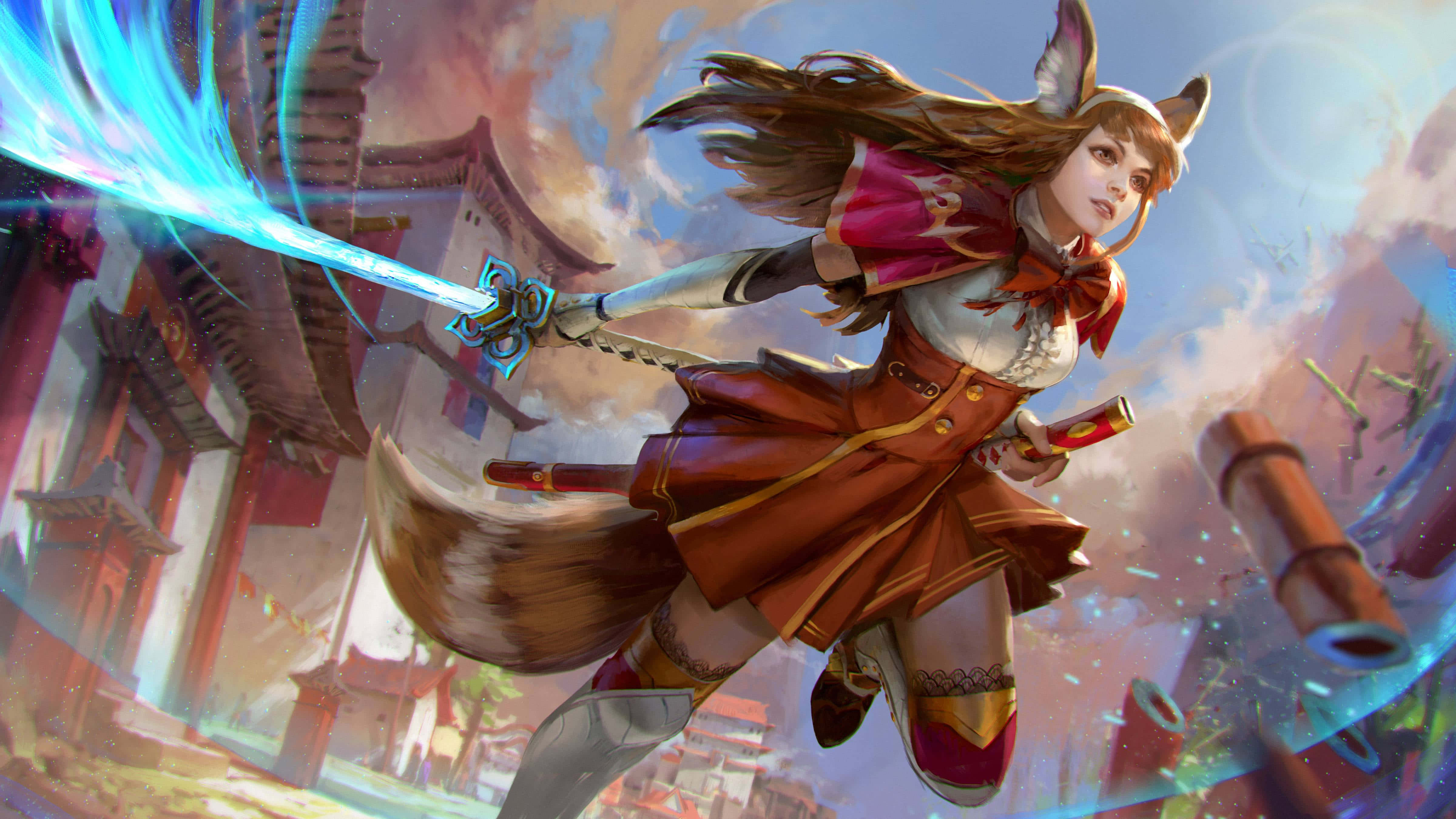 Vainglory, fox-eared warrior, red outfit, 4K Desktop Wallpaper