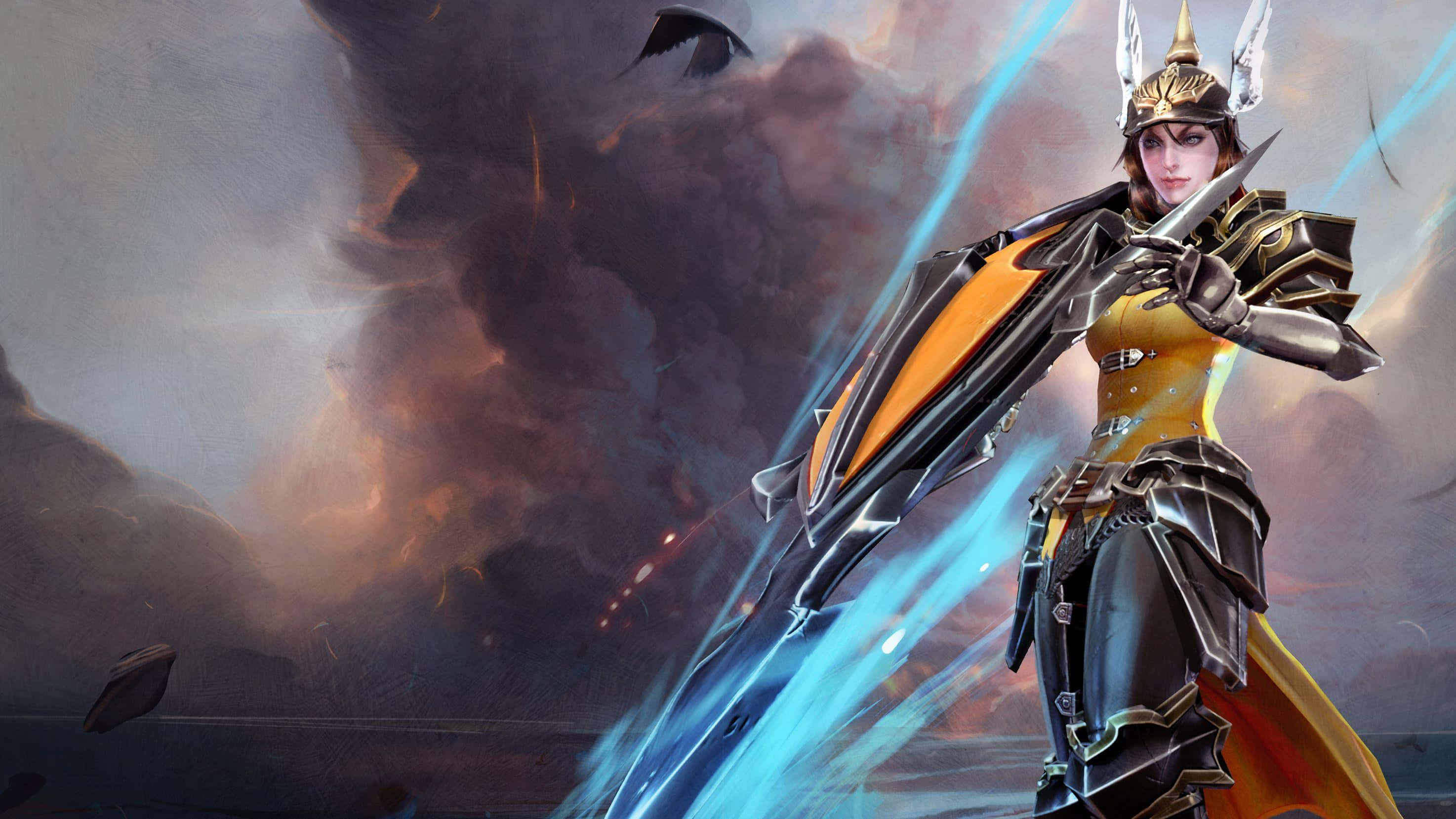 Vainglory, golden and black armor, glowing blue sword, 2K Desktop Wallpaper