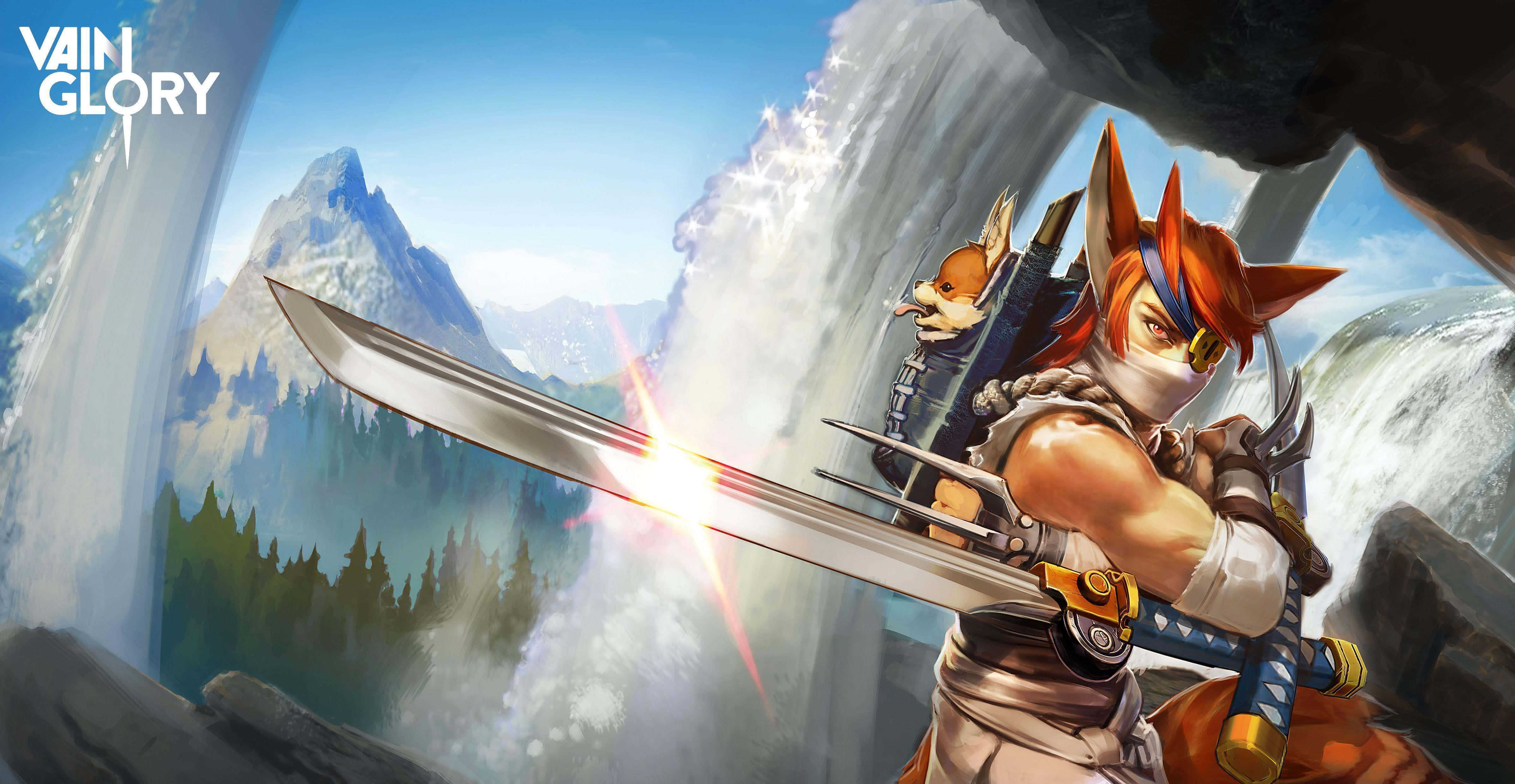 Vainglory, fox-eared warrior, glowing sword, 4K Desktop Wallpaper