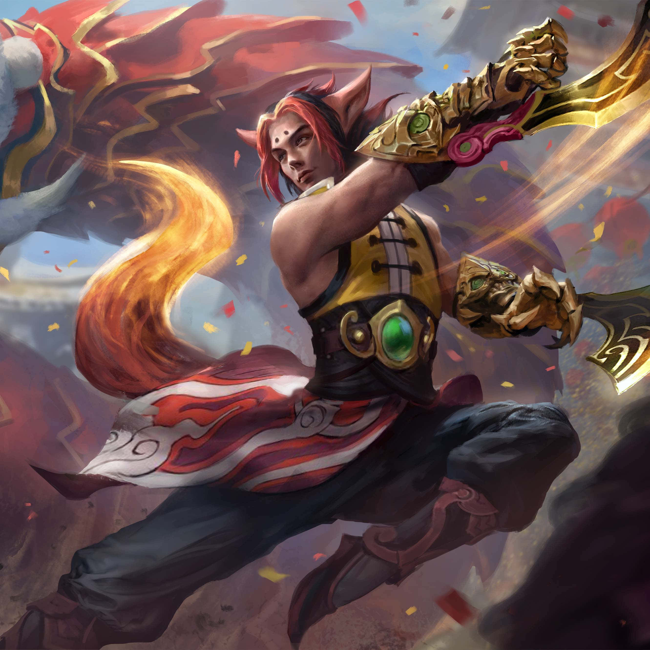 Vainglory, fiery fox-eared warrior, glowing golden sword, 2K Desktop Wallpaper