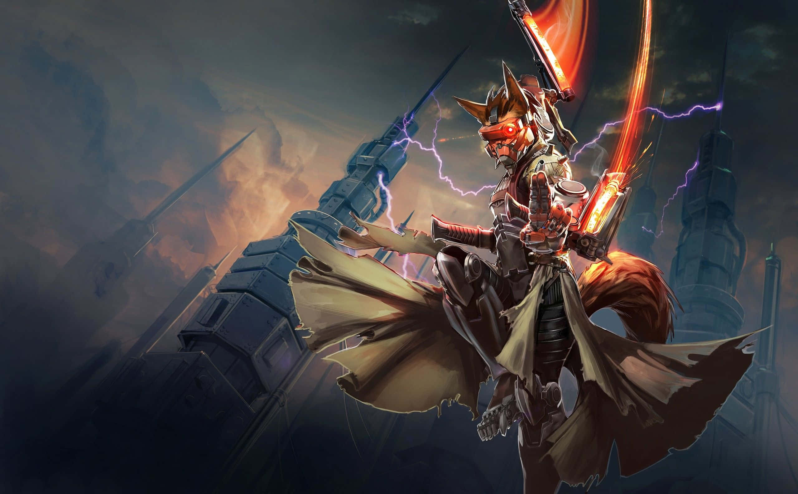 Vainglory, fox-headed warrior, glowing blades, 2K Desktop Wallpaper