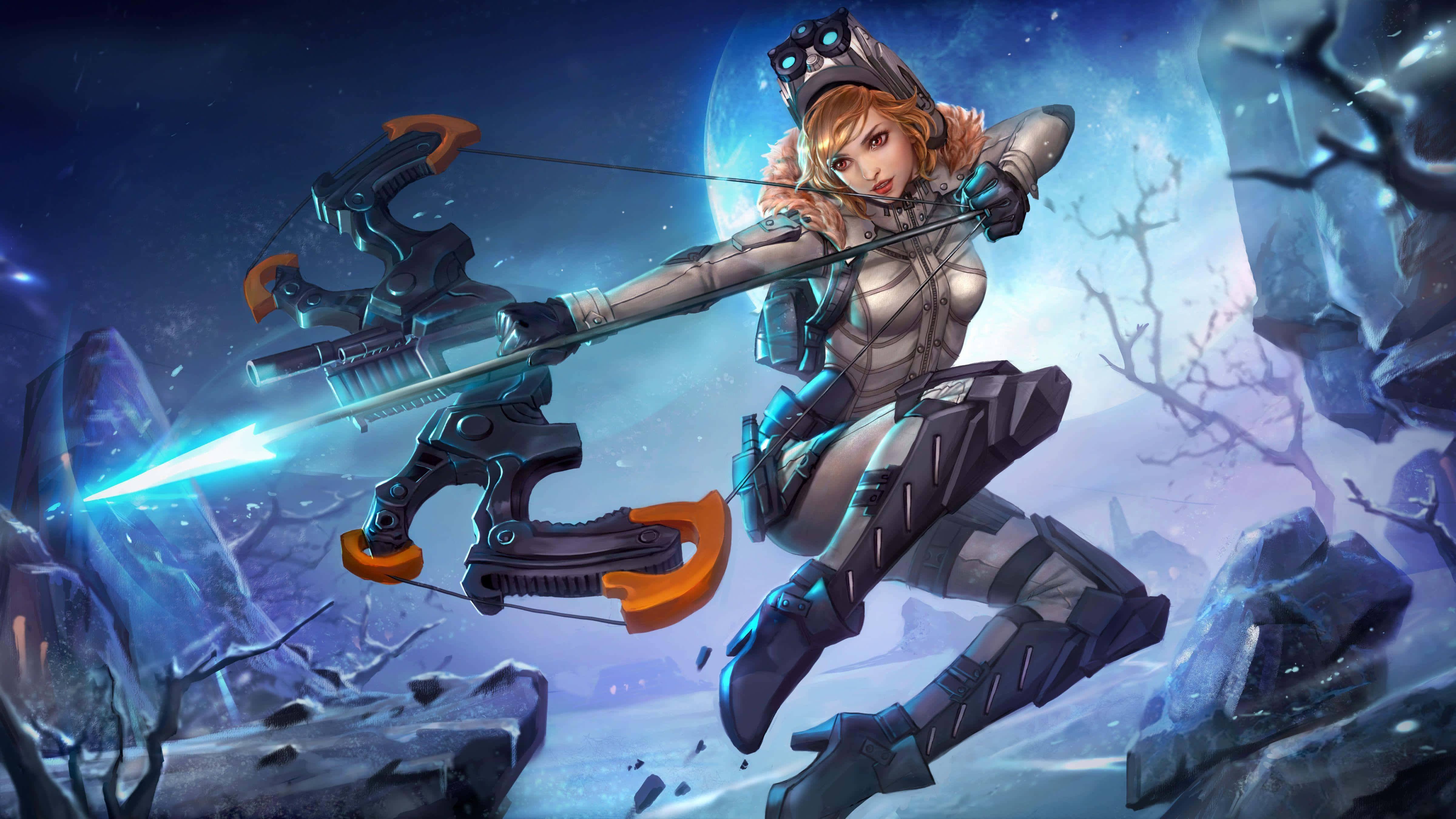 Vainglory, futuristic female archer, glowing blue bow, 4K Desktop Wallpaper