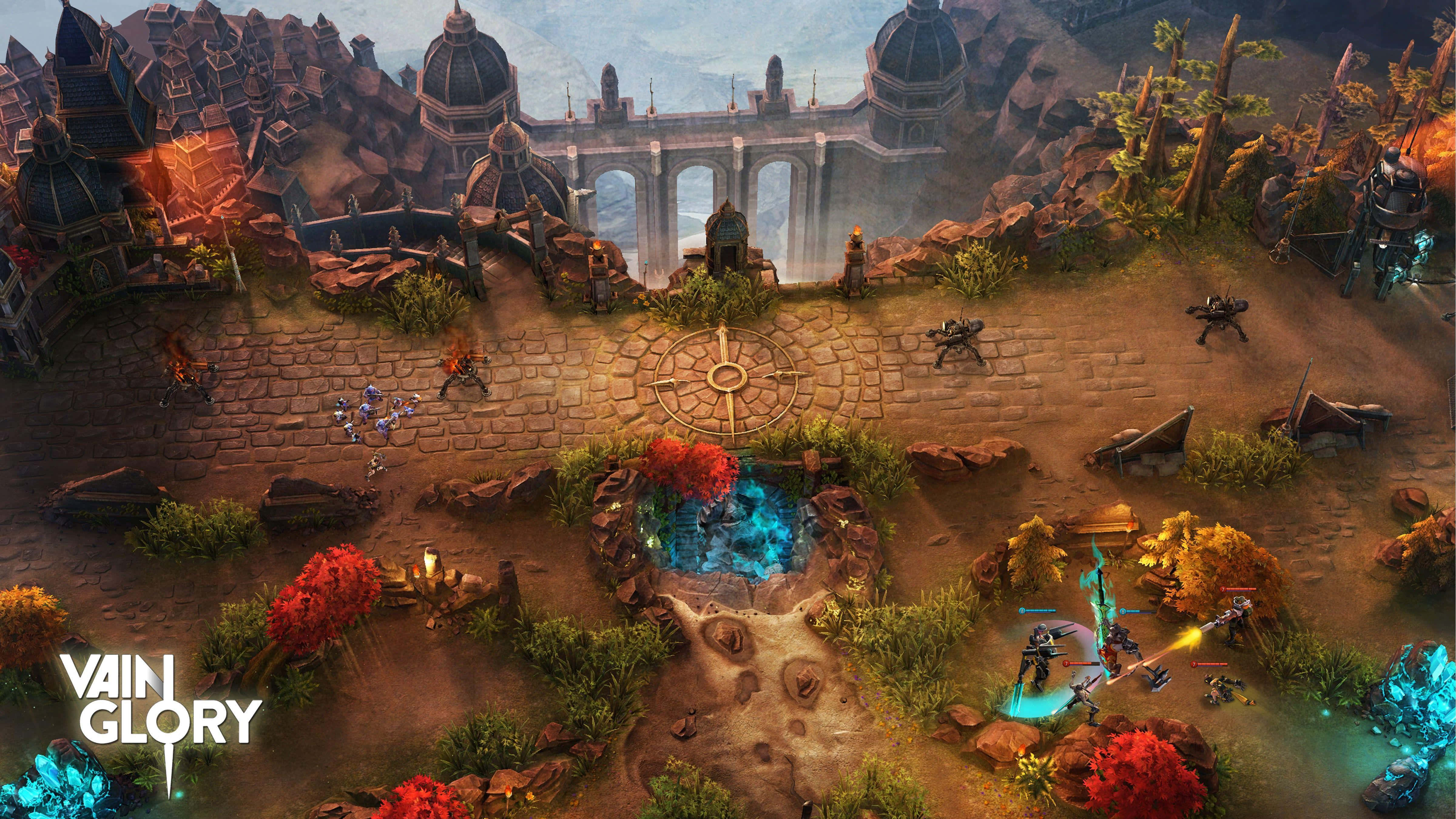 Vainglory, glowing blue pools, fiery structures, 4K Desktop Wallpaper