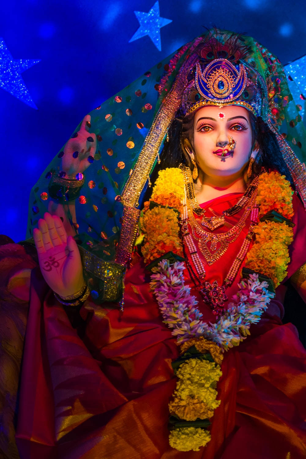 Vaishno Devi, red silk, floral garlands, HD Phone Wallpaper