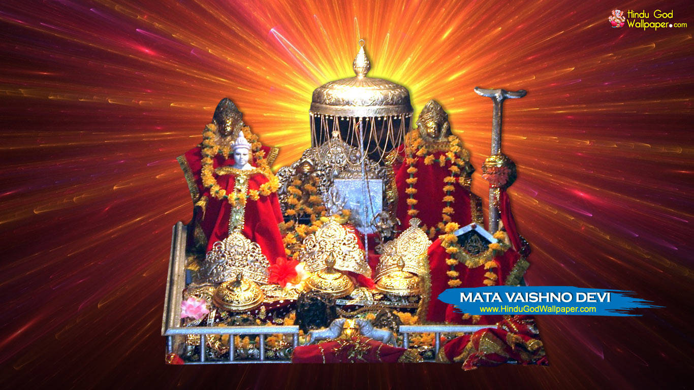 Vaishno Devi, red garments, golden deity statues, HD Desktop Wallpaper