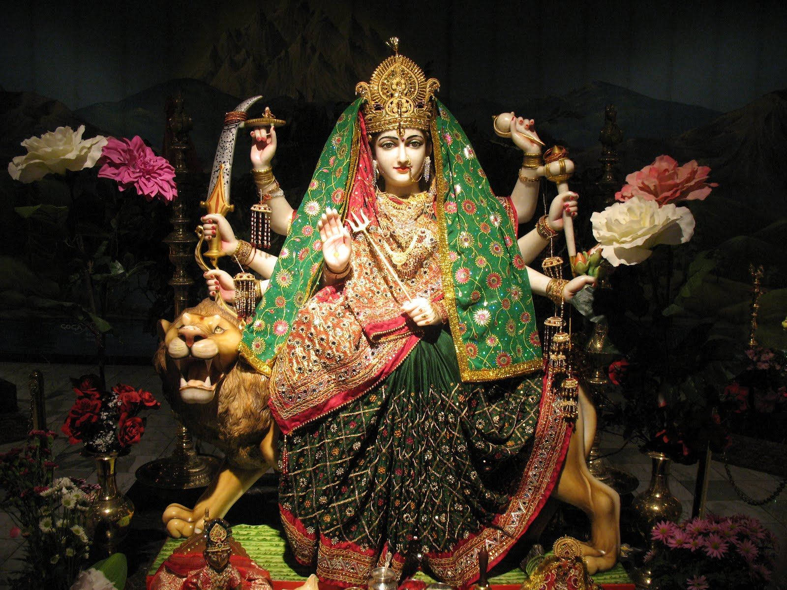 Vaishno Devi, roaring lion, green and gold, HD Desktop Wallpaper
