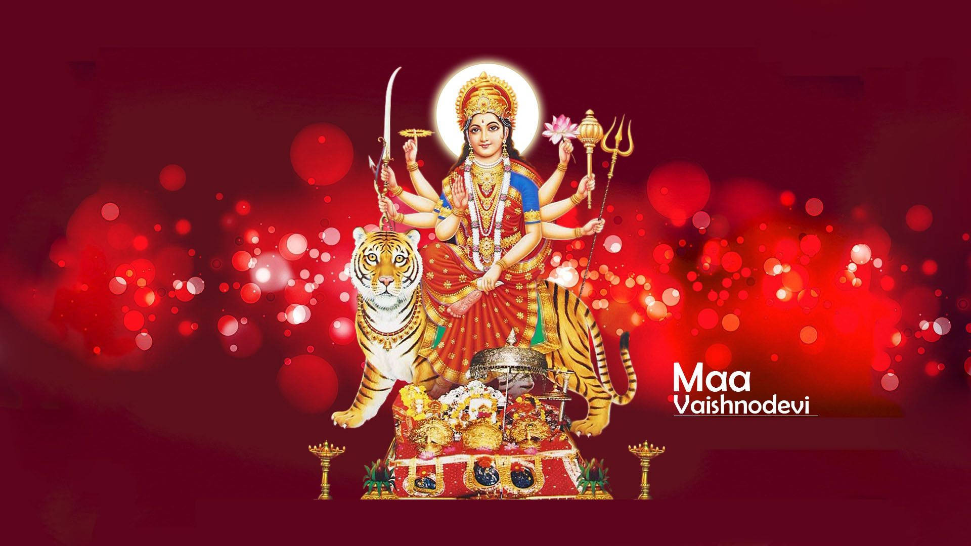 Vaishno Devi, tiger, glowing red bokeh background, Full HD Desktop Wallpaper