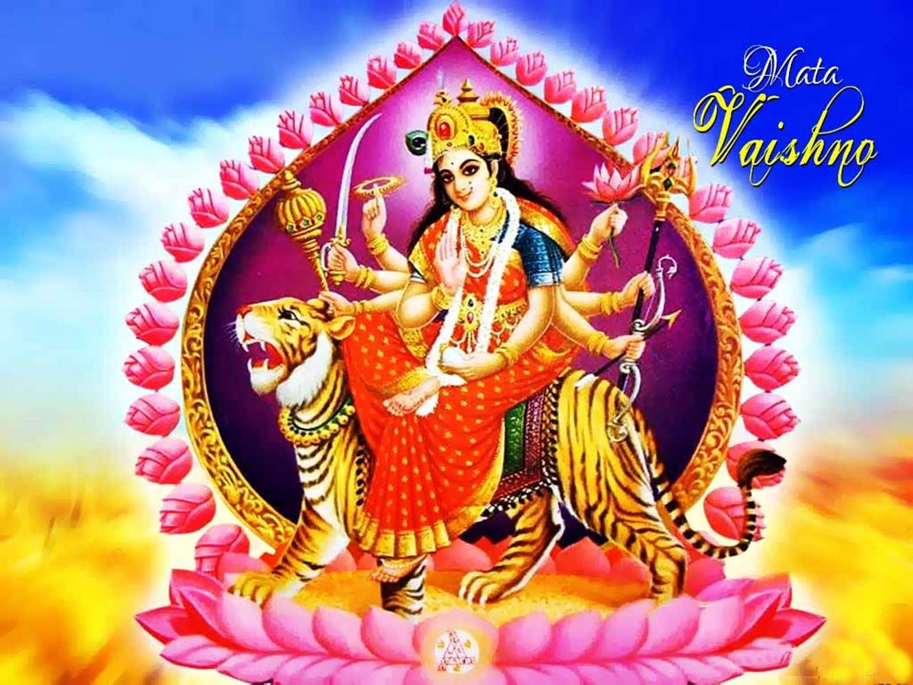Vaishno Devi, tiger, pink lotus, HD Desktop Wallpaper