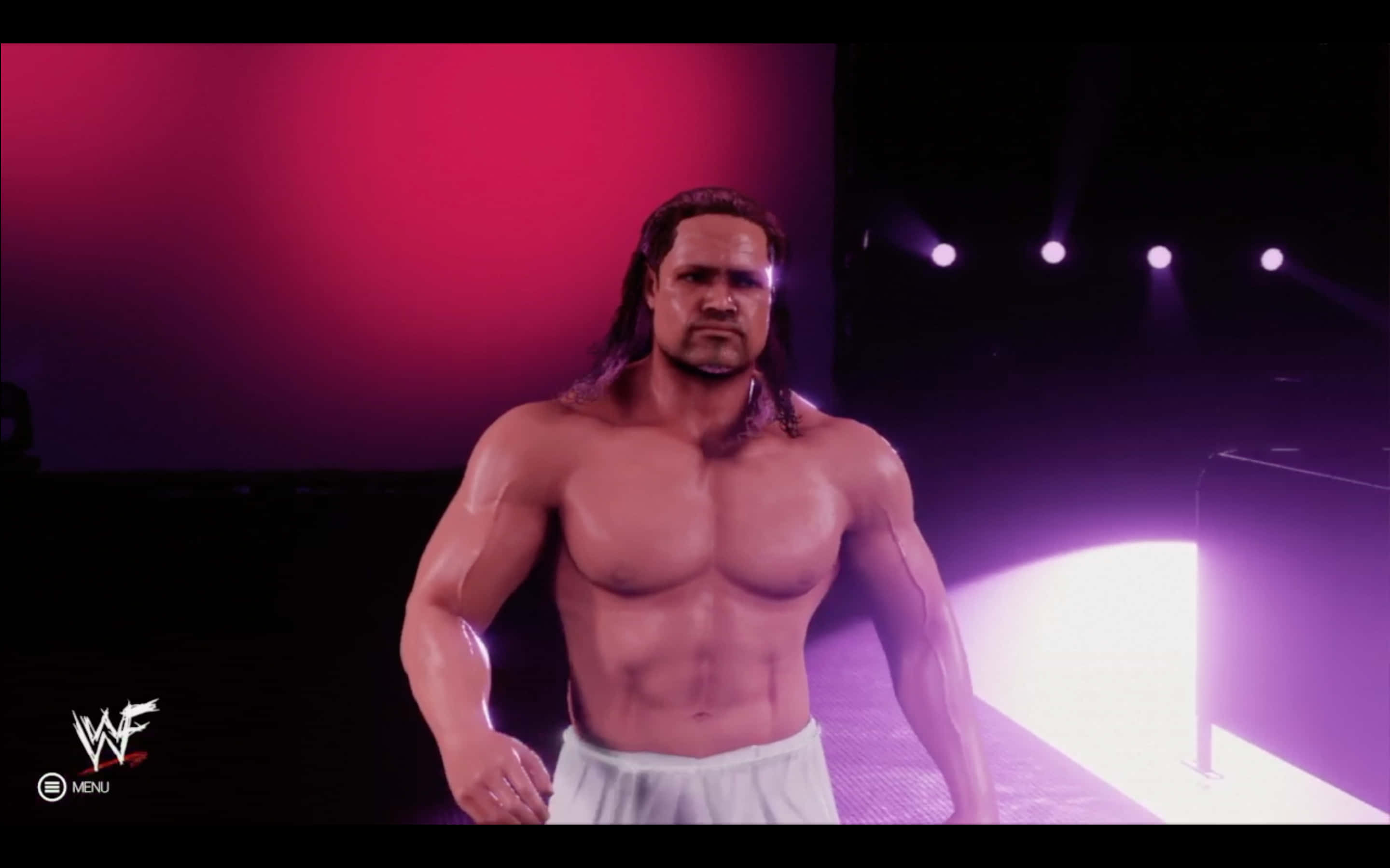 Val Venis, purple-lit arena, bright spotlights, 2K Desktop Wallpaper