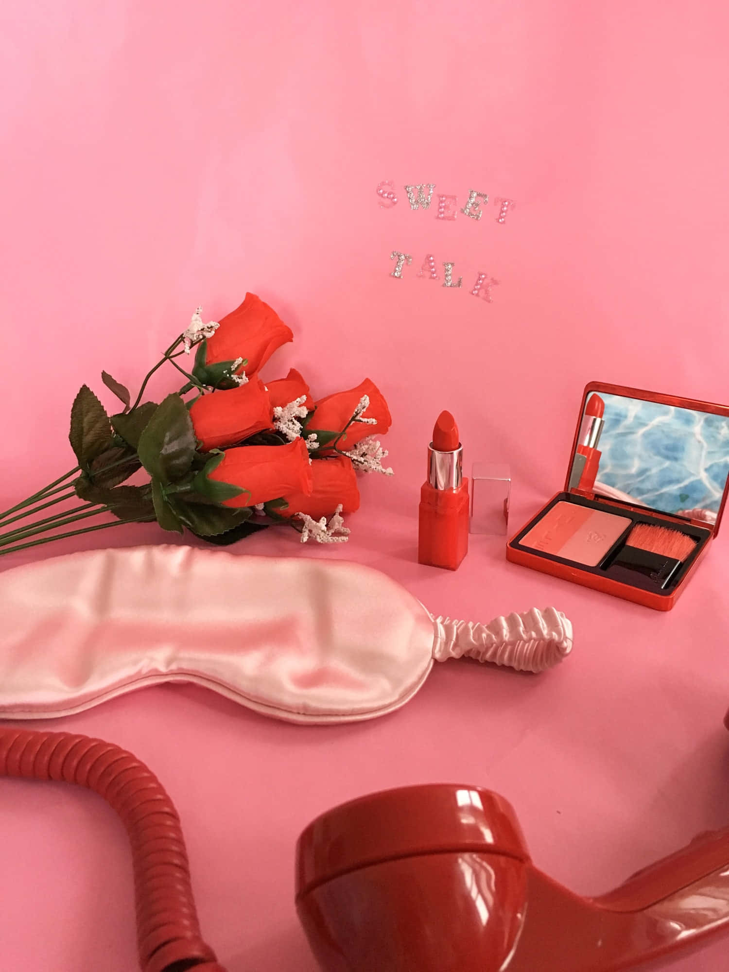 red rose, vintage red rotary phone, makeup items, Full HD Phone Wallpaper