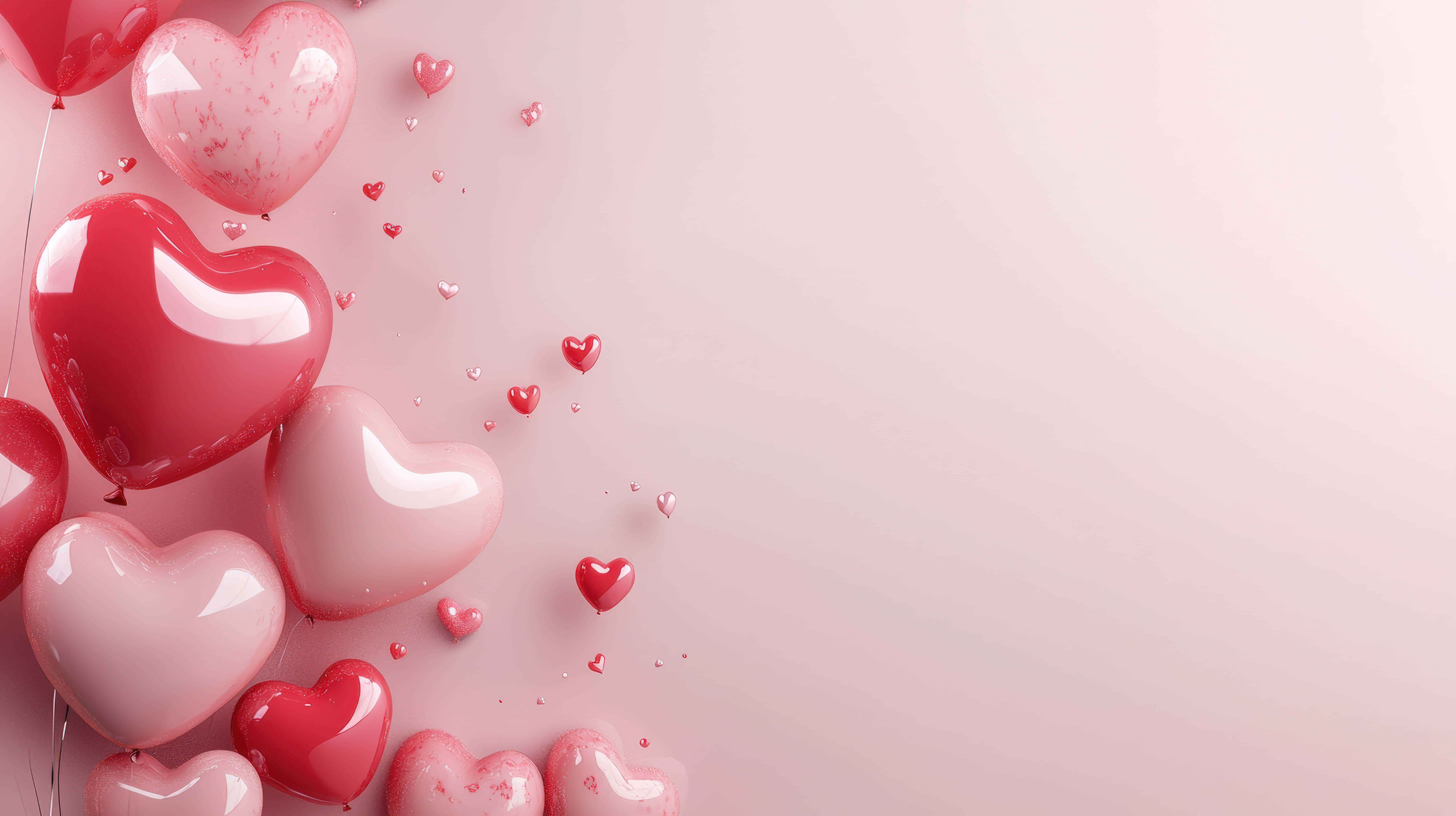 floating heart balloons, soft pastel pink background, glossy heart-shaped balloons, 8K Desktop Wallpaper