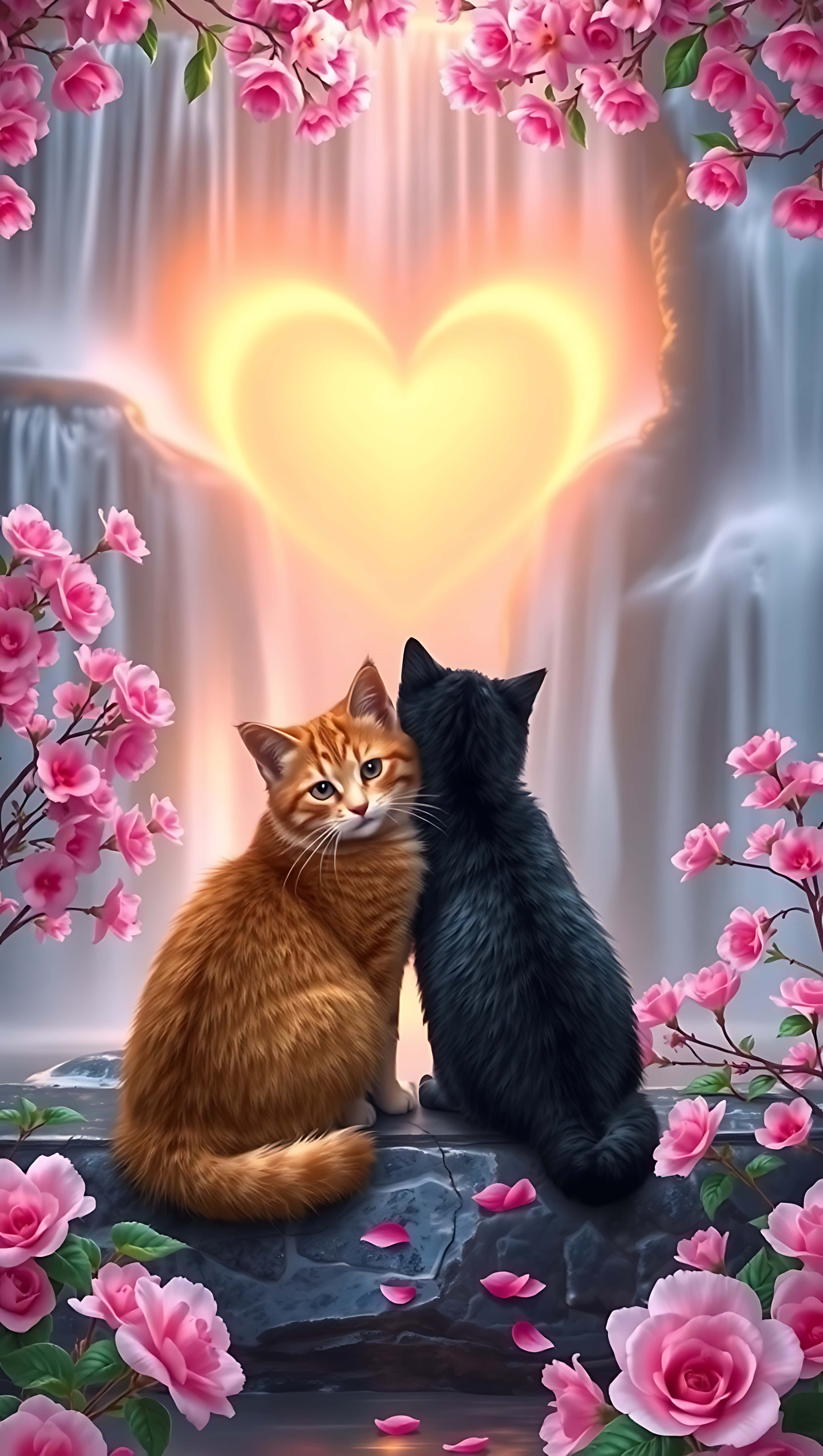 ginger cat, black cat, stone, 5K Phone Wallpaper