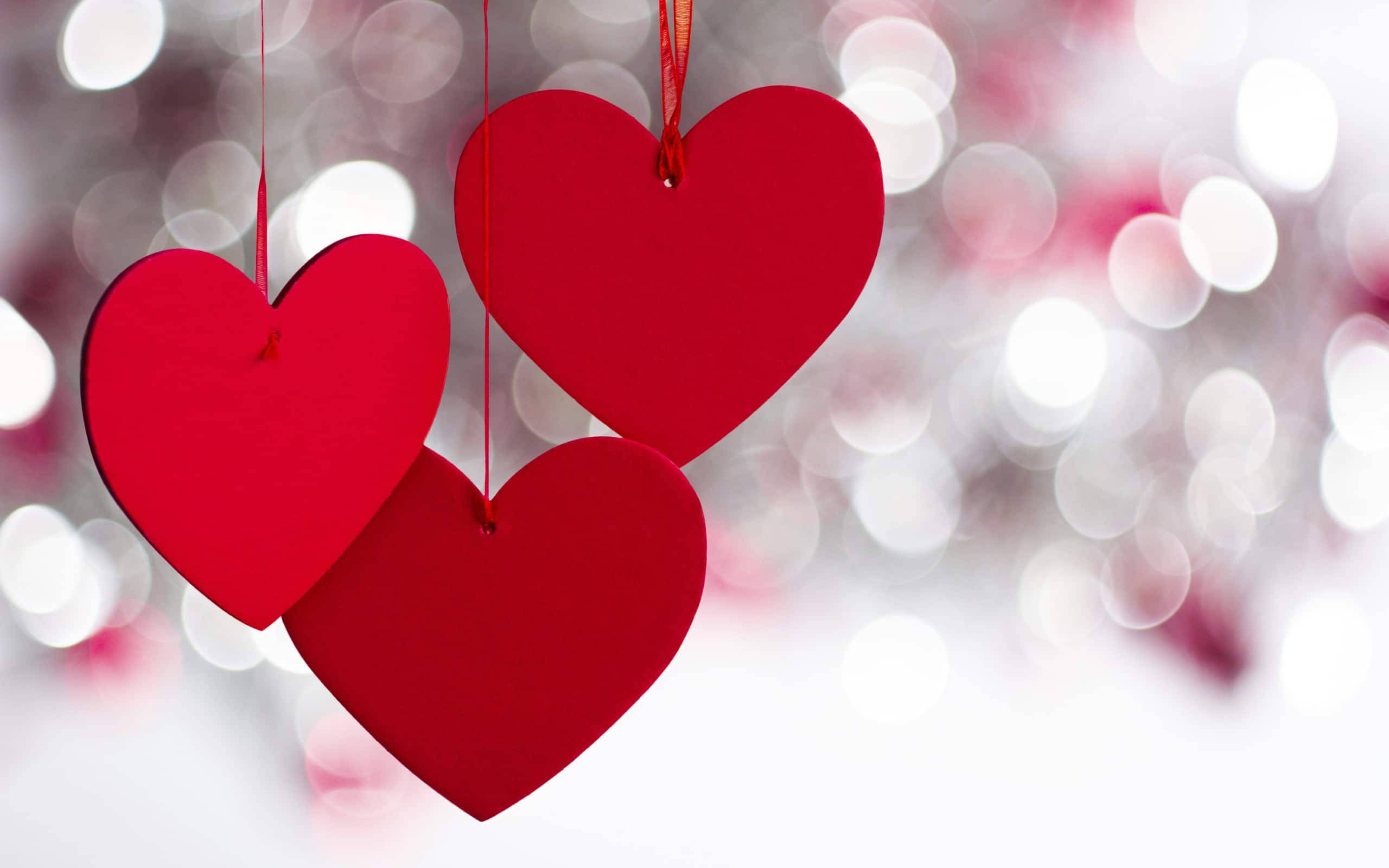 Valentines Day Desktop, red paper hearts, sparkling bokeh, 2K Desktop Wallpaper