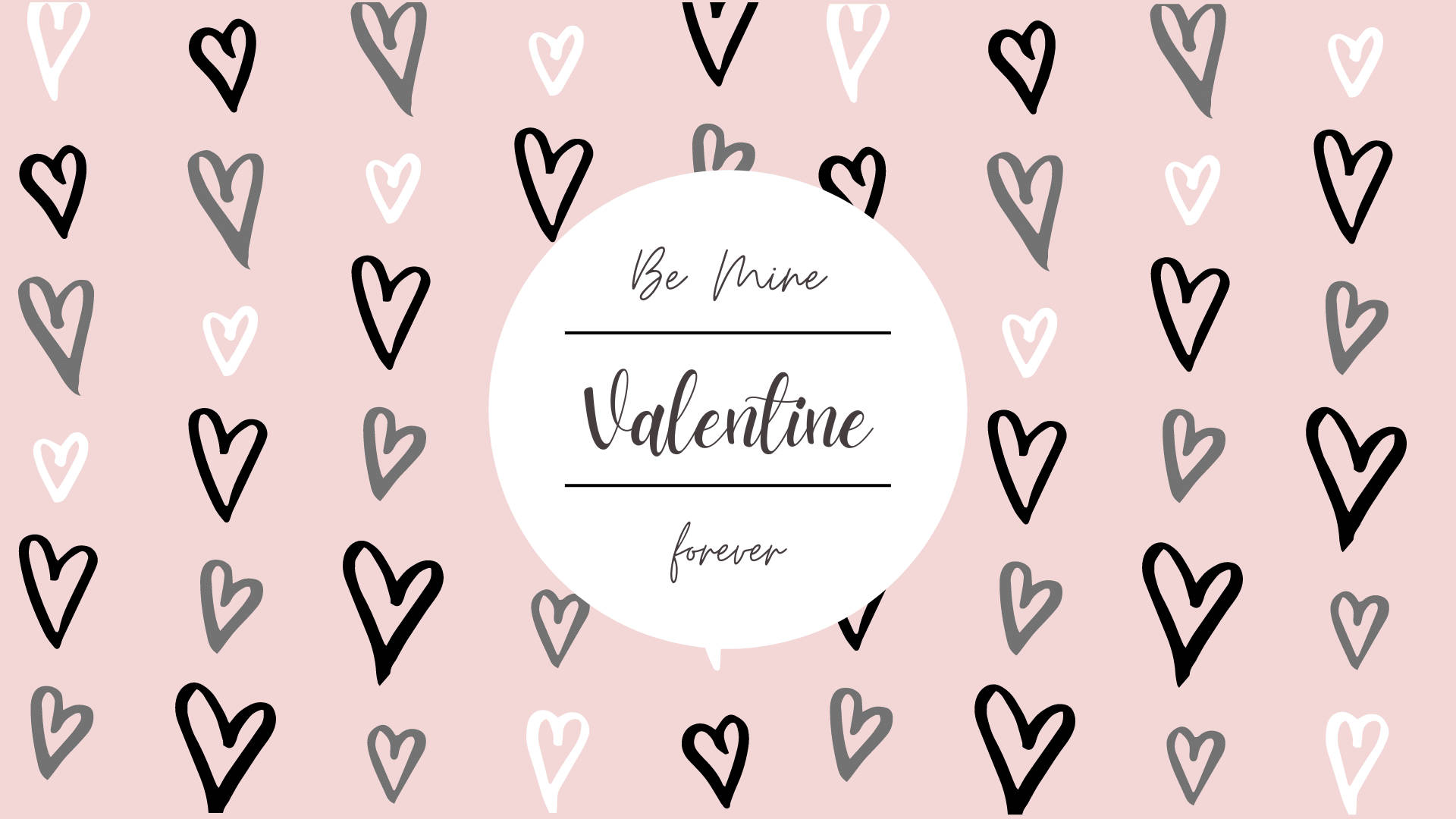 Valentines Day Desktop, black gray and white hand-drawn hearts, soft pink background, Full HD Desktop Wallpaper