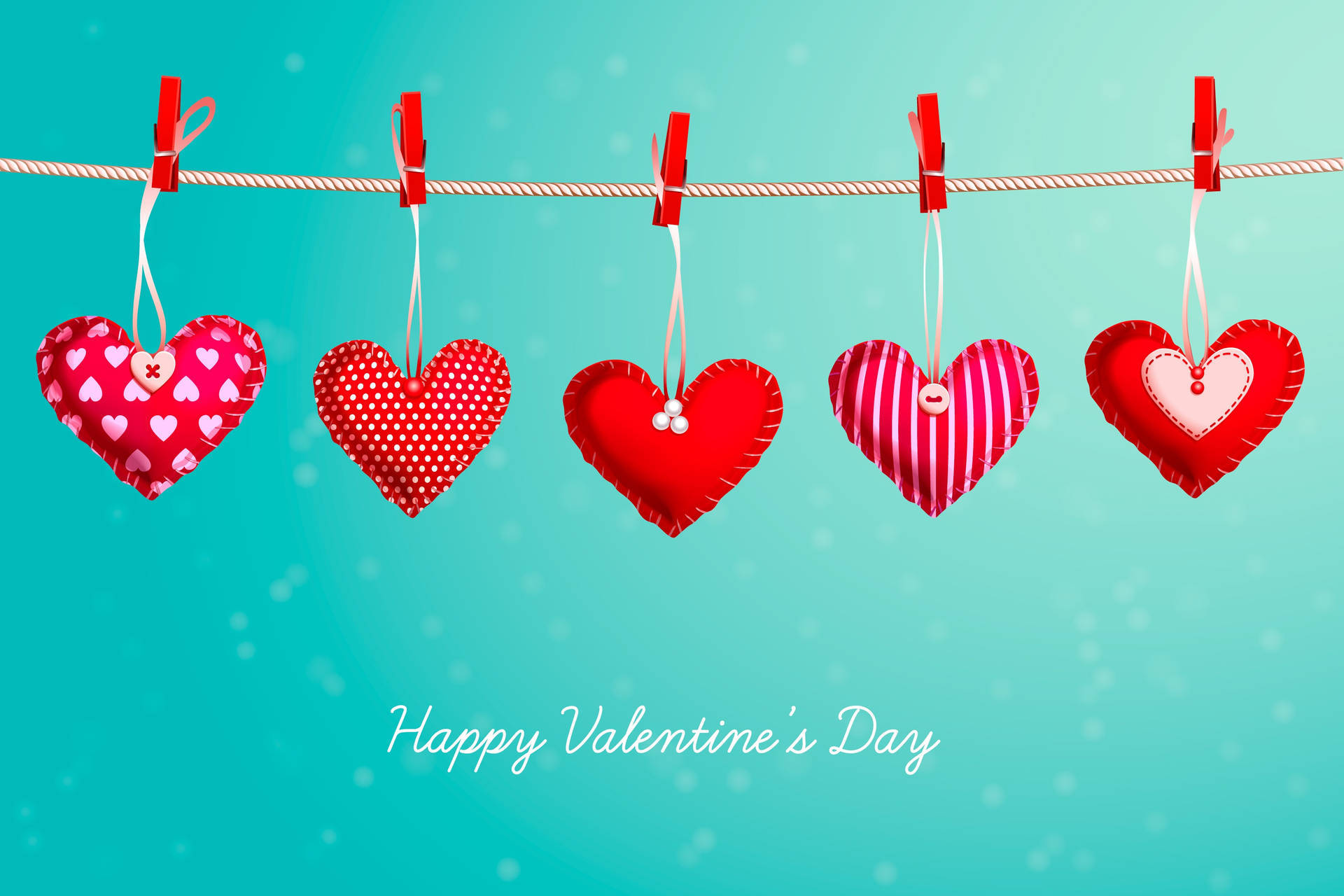 Valentines Day Desktop, red patterned fabric hearts, rope, Full HD Desktop Wallpaper