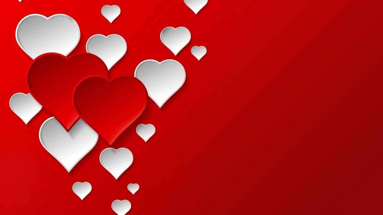 white and red valentine s hearts, gradient red background, paper hearts, HD Desktop Wallpaper